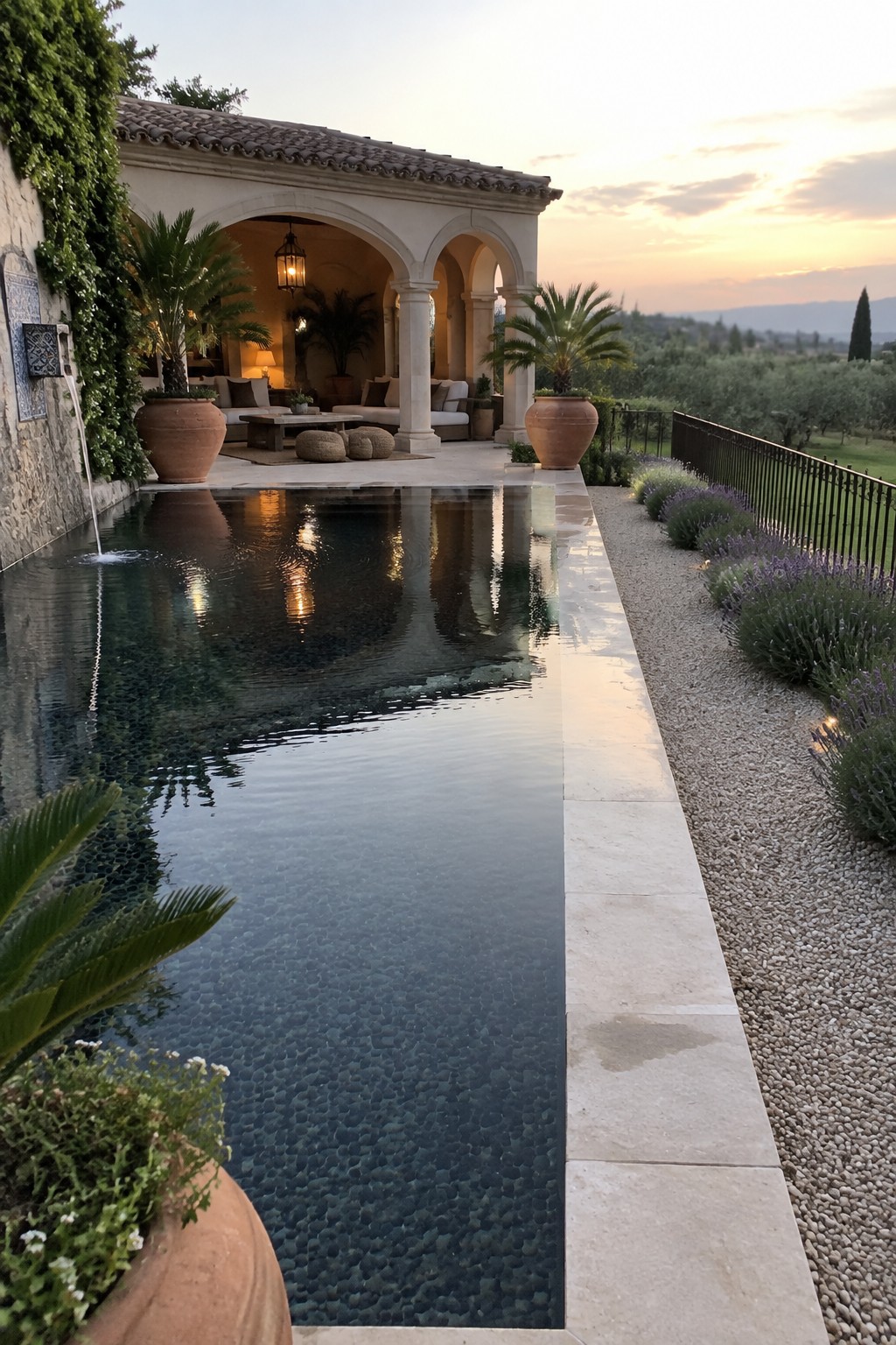 Tranquil lap pool beside arched Mediterranean villa at sunset with lavender and palms