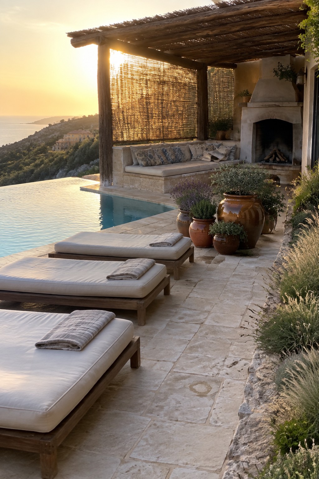 A stone terrace beside an infinity pool features wooden lounge chairs, terracotta pots, a pergola with built-in cushioned seating, and a stone fireplace overlooking the sea at sunset.