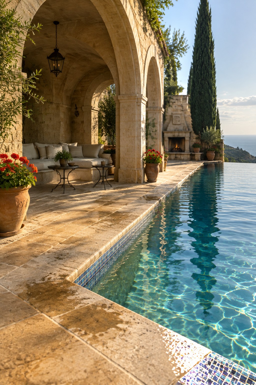 A stone-arched covered patio with seating sits beside a long infinity pool overlooking the sea, with an outdoor fireplace visible in the background.