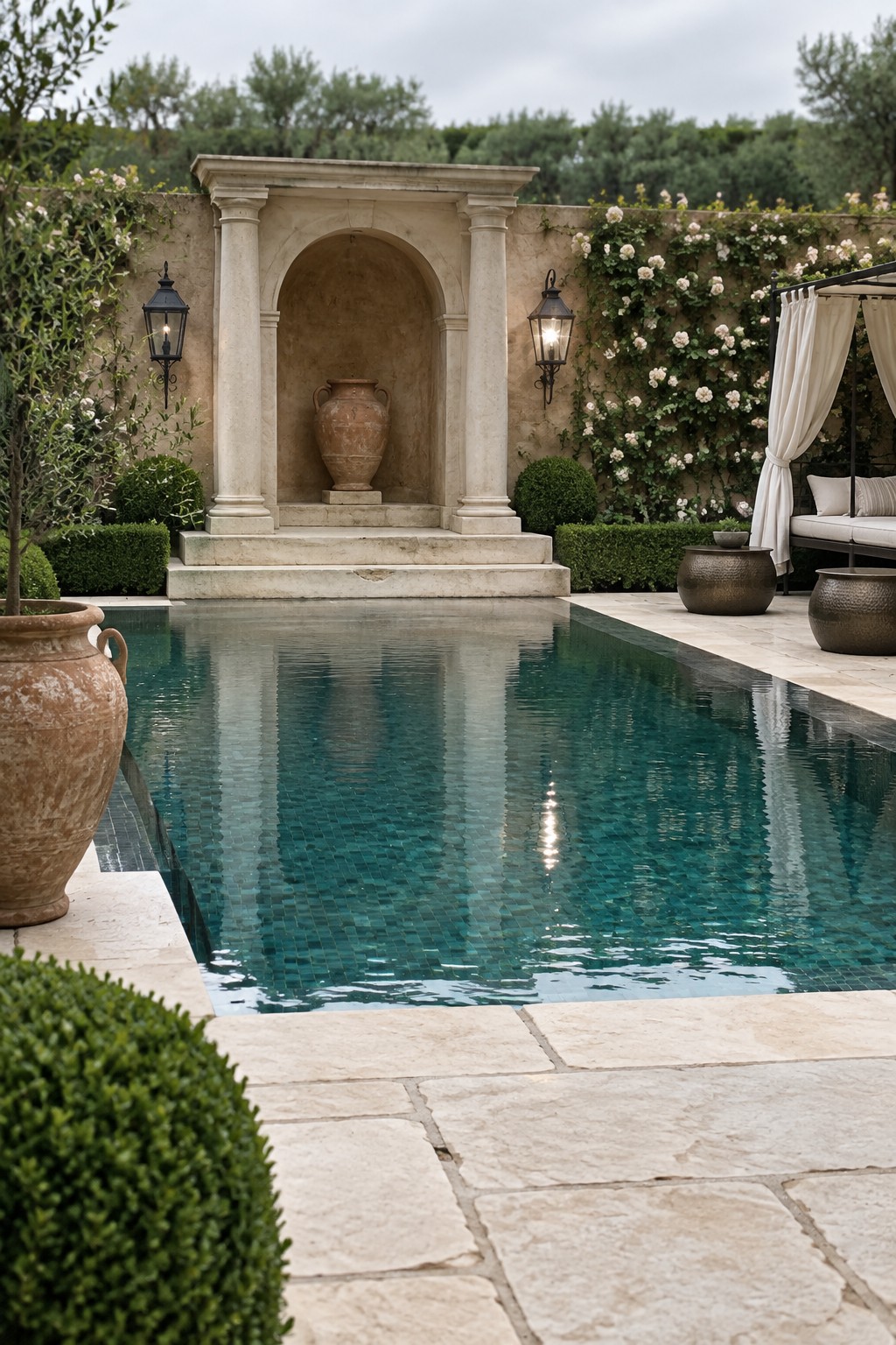 A rectangular swimming pool with stone coping leads to a classical stone arch niche holding a large terracotta urn, flanked by wall lanterns and climbing white roses.