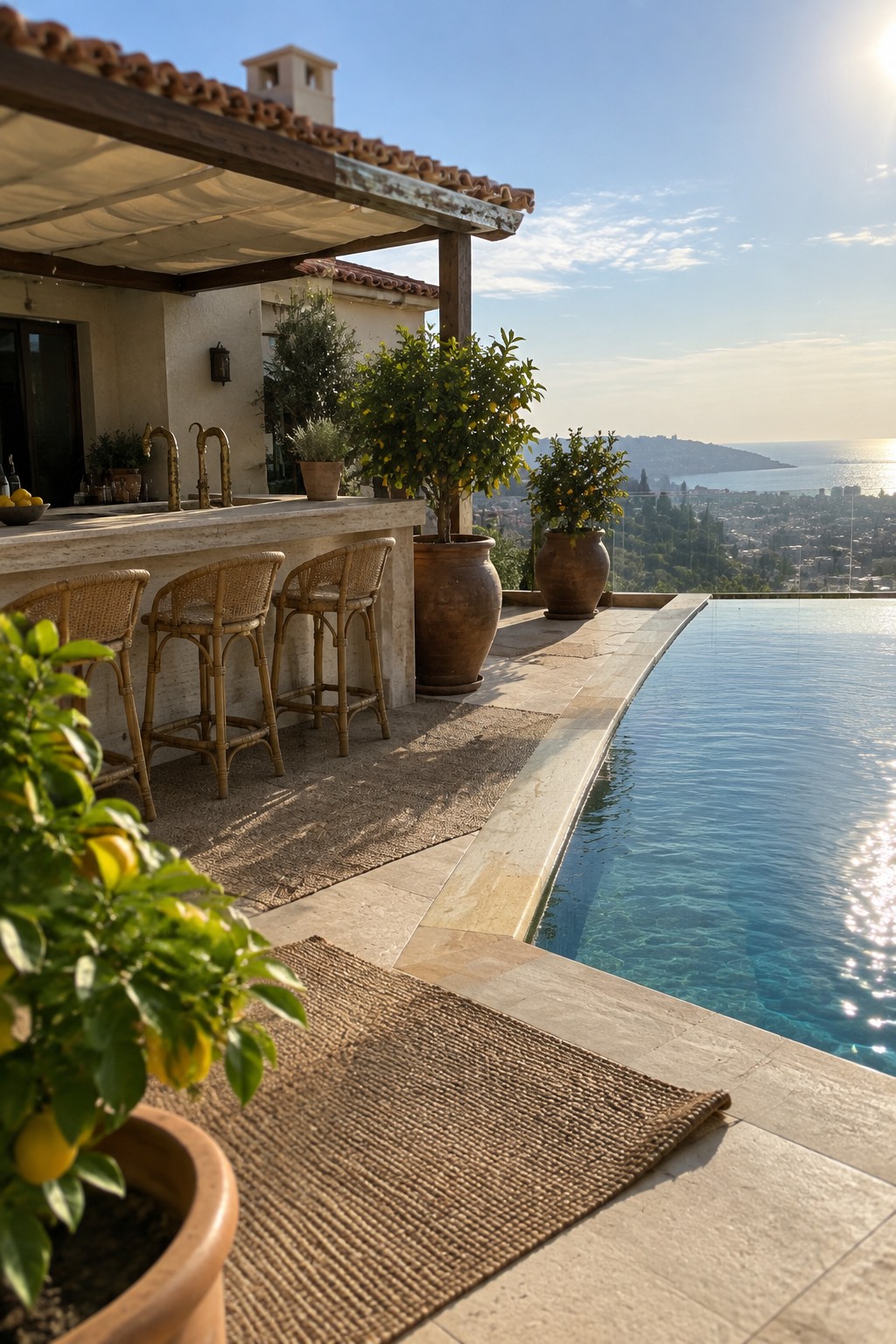 Infinity pool terrace with rattan bar stools, lemon trees, and ocean view at sunset