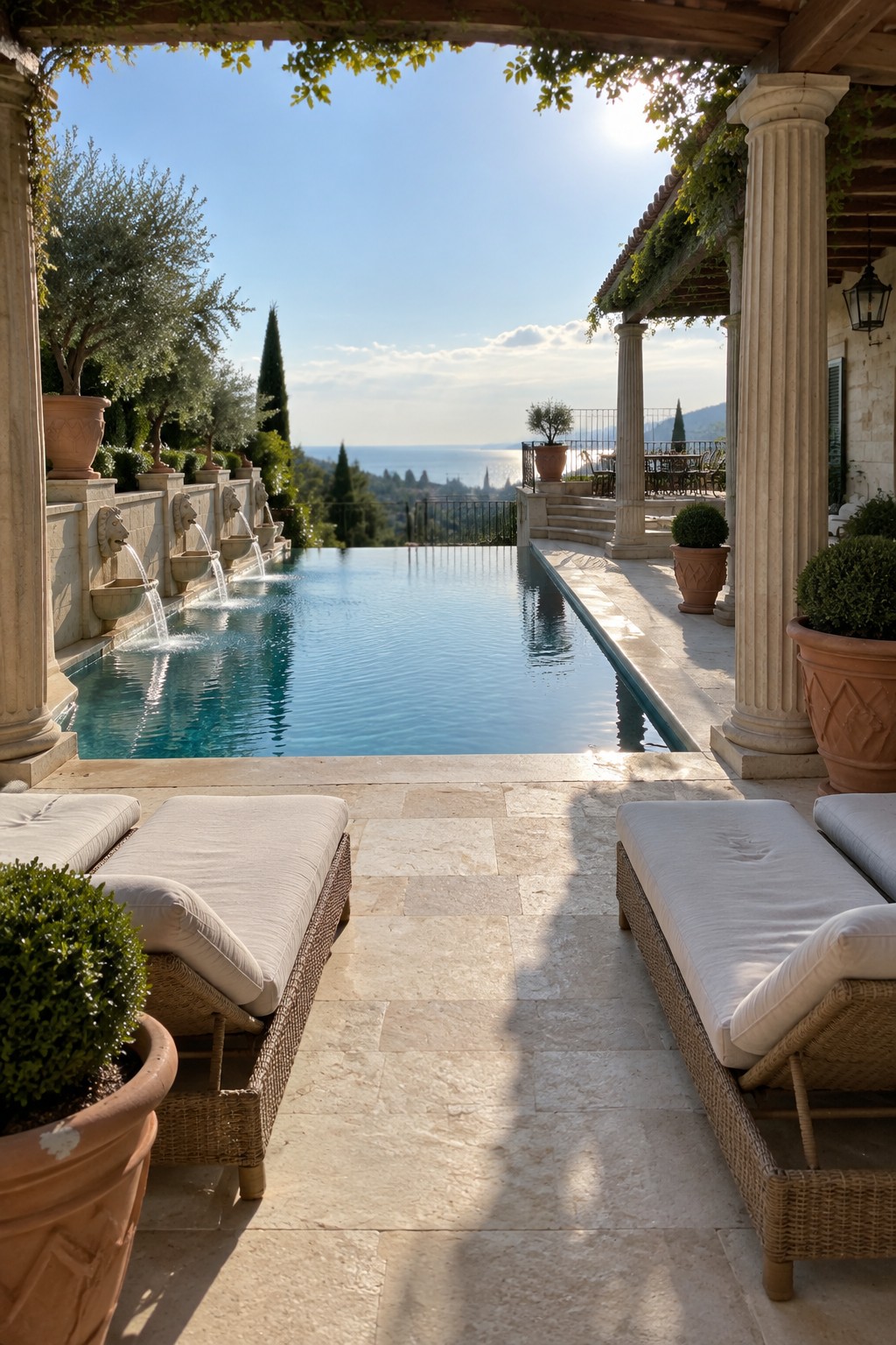 An infinity pool with stone columns supporting a pergola on the right side, lion head fountains along the left wall, and lounge chairs on the stone deck overlooking the sea.