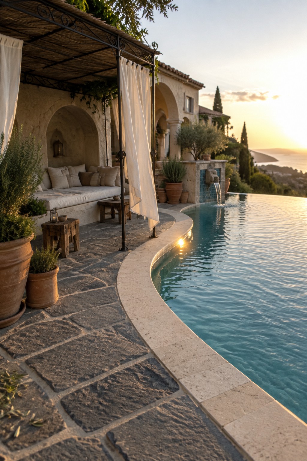 A curved infinity pool with light stone coping set into a dark stone paver patio, beside a pergola with white curtains and built-in seating, with Mediterranean-style arches and a hillside view in the background.