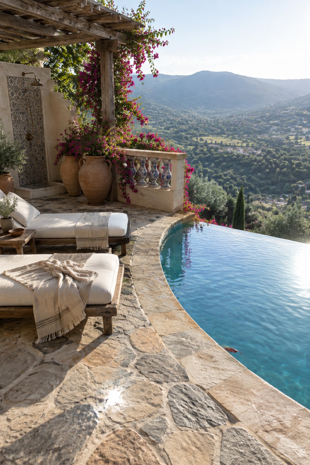 A curved infinity pool with beige stone coping and decking, two white lounge chairs on a wooden pergola-covered terrace, and a distant mountain view.