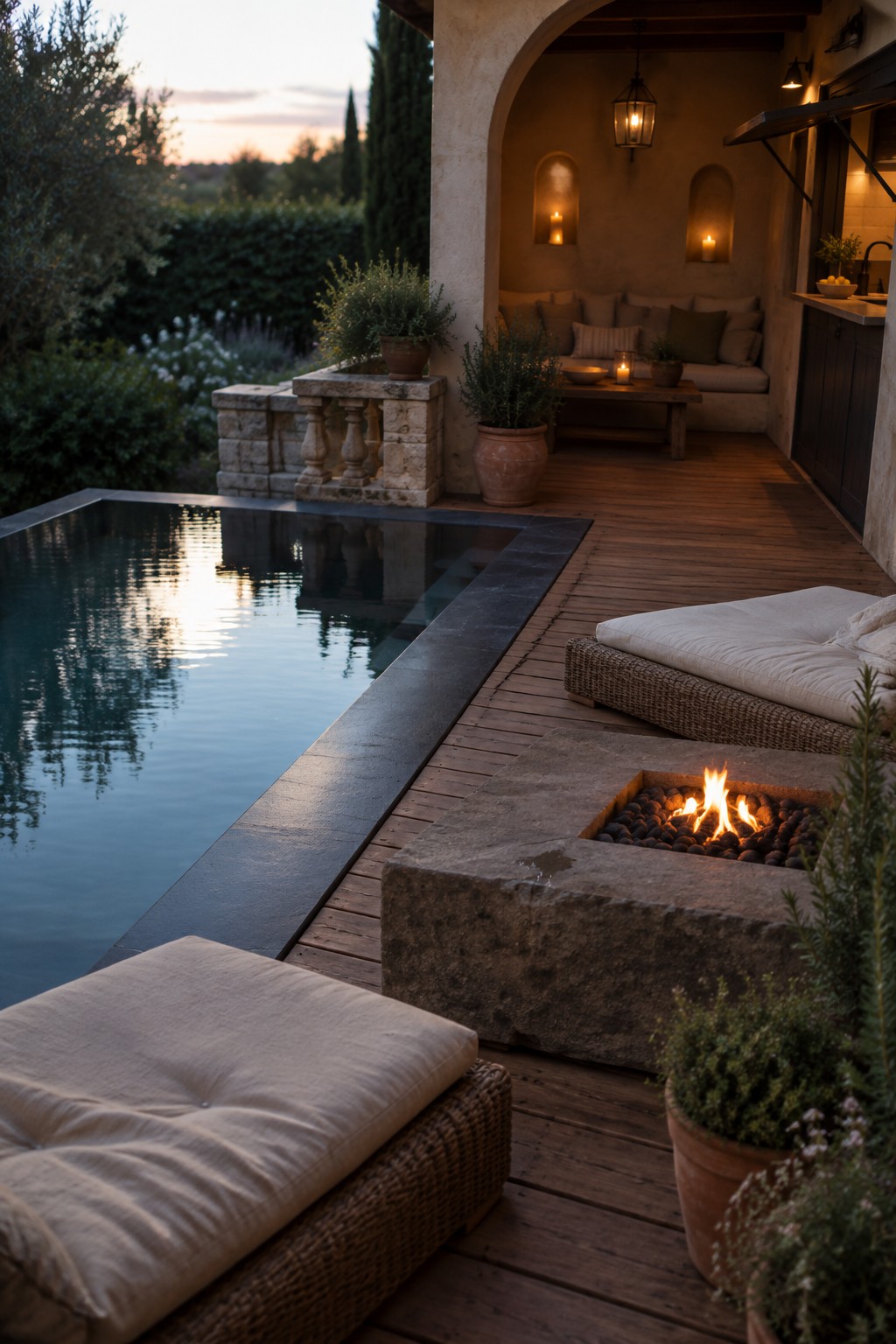 A rectangular pool with dark stone edging borders a wooden deck that holds a large square stone fire pit, woven lounge chairs, and potted plants.