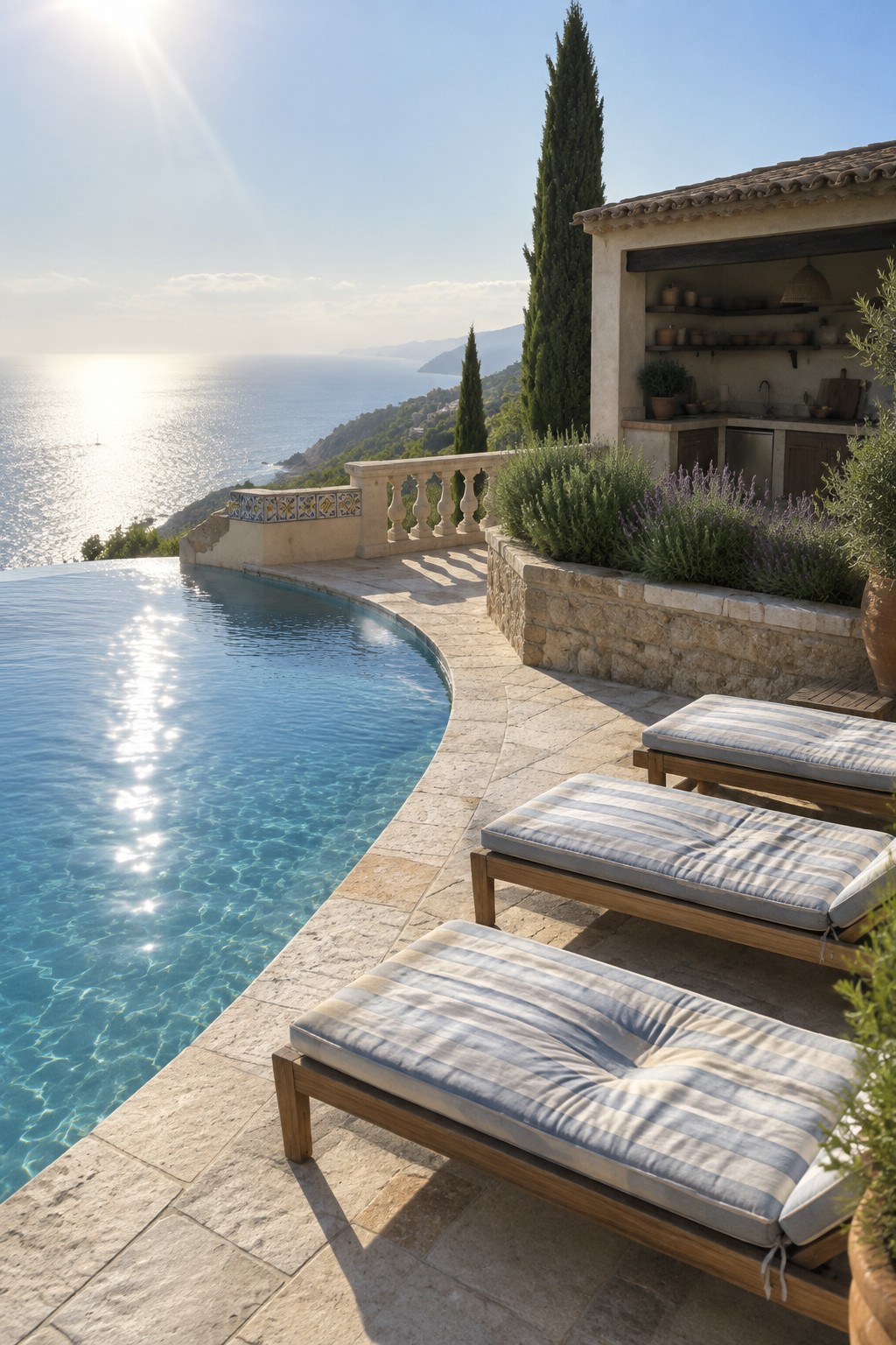 Infinity pool overlooking sea with striped lounge chairs on sunny stone terrace