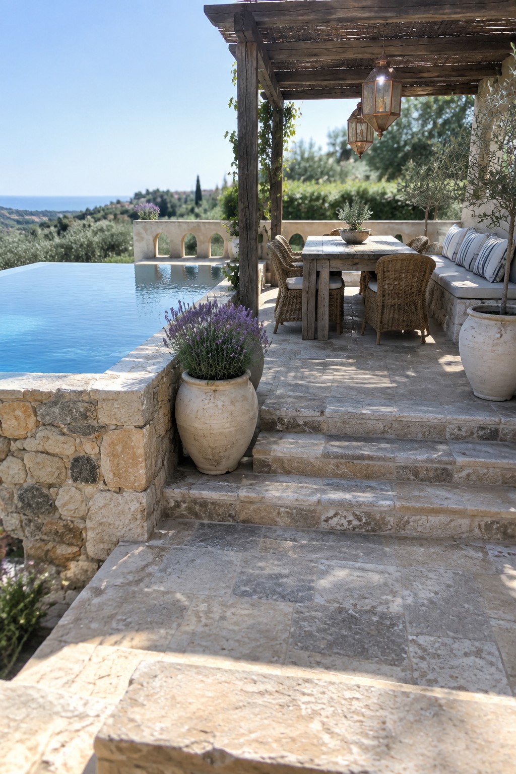 Stone patio with infinity pool, pergola dining set, and sea view