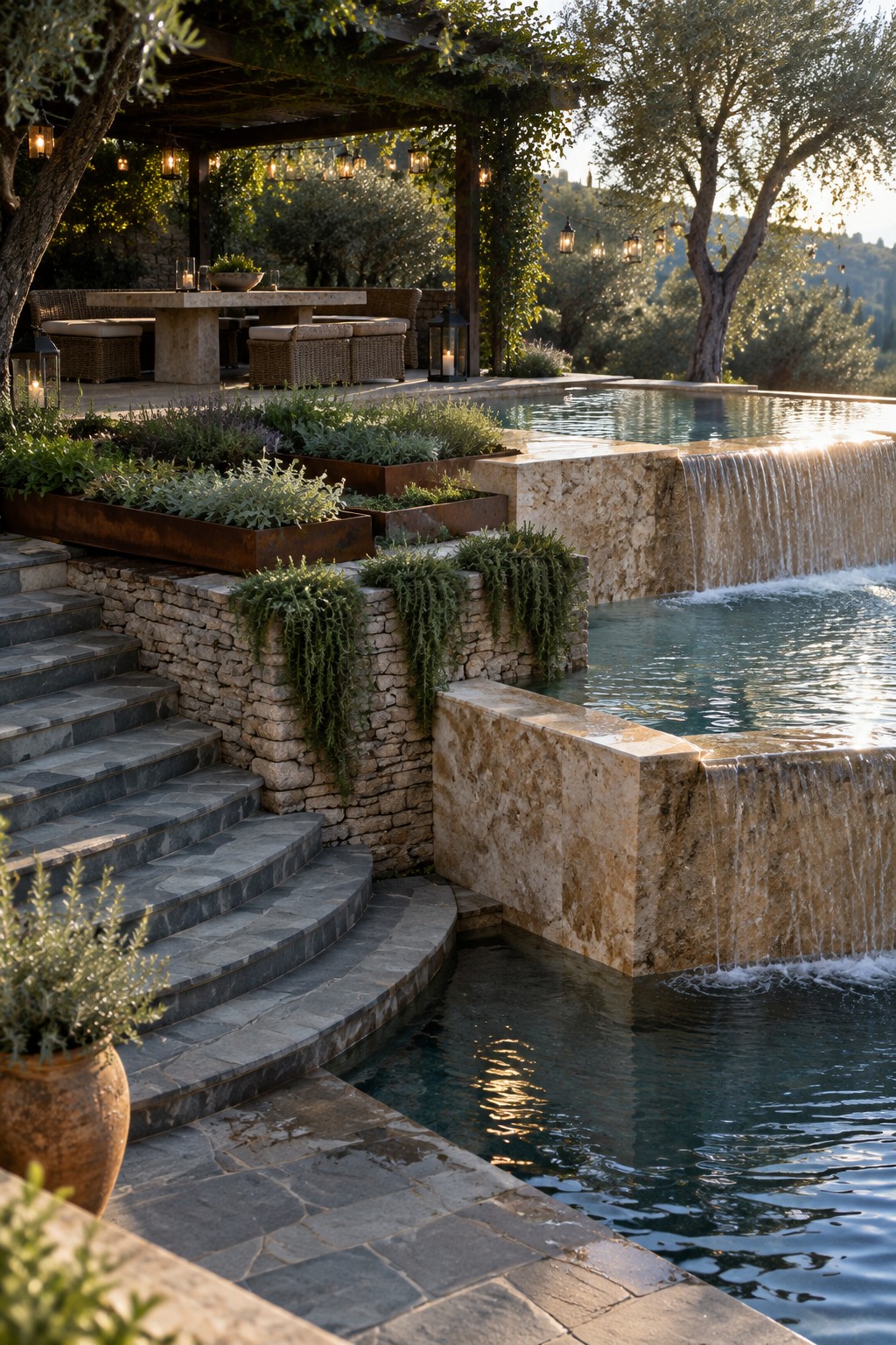 A Mediterranean infinity pool with multiple cascading stone waterfalls, terraced stone walls, rusted metal planters with greenery, stone steps, and a pergola seating area in the background.