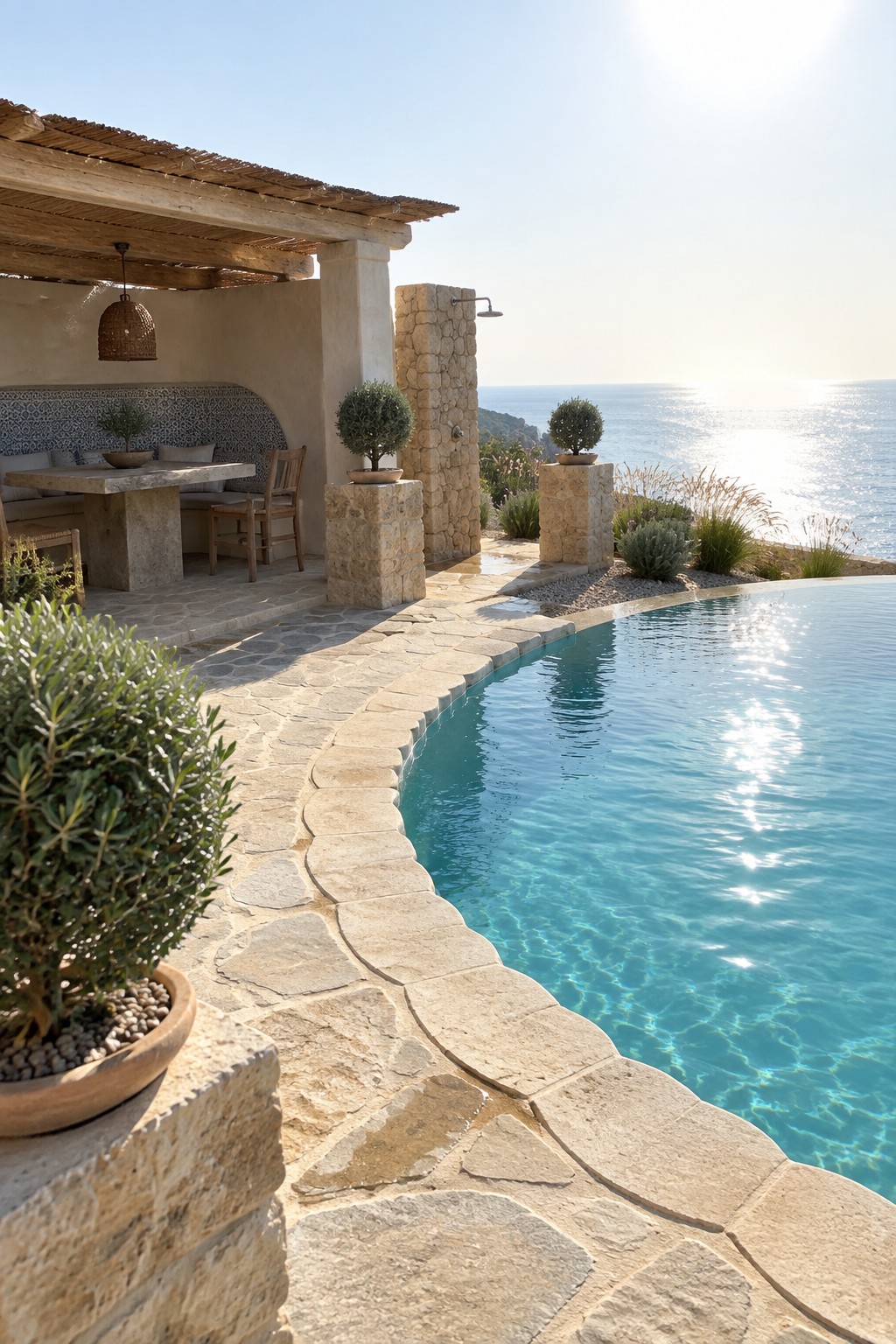 A curved infinity pool edged with irregular light stone coping sits beside a stone patio and covered seating area overlooking the sea.