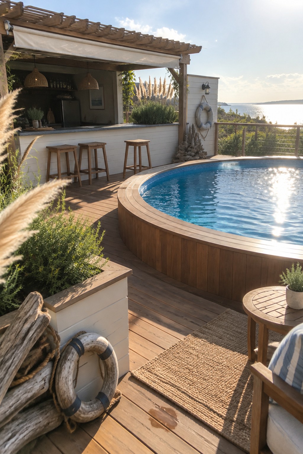 A wooden deck with an above-ground pool and a covered outdoor bar counter with stools beside it, overlooking the water.