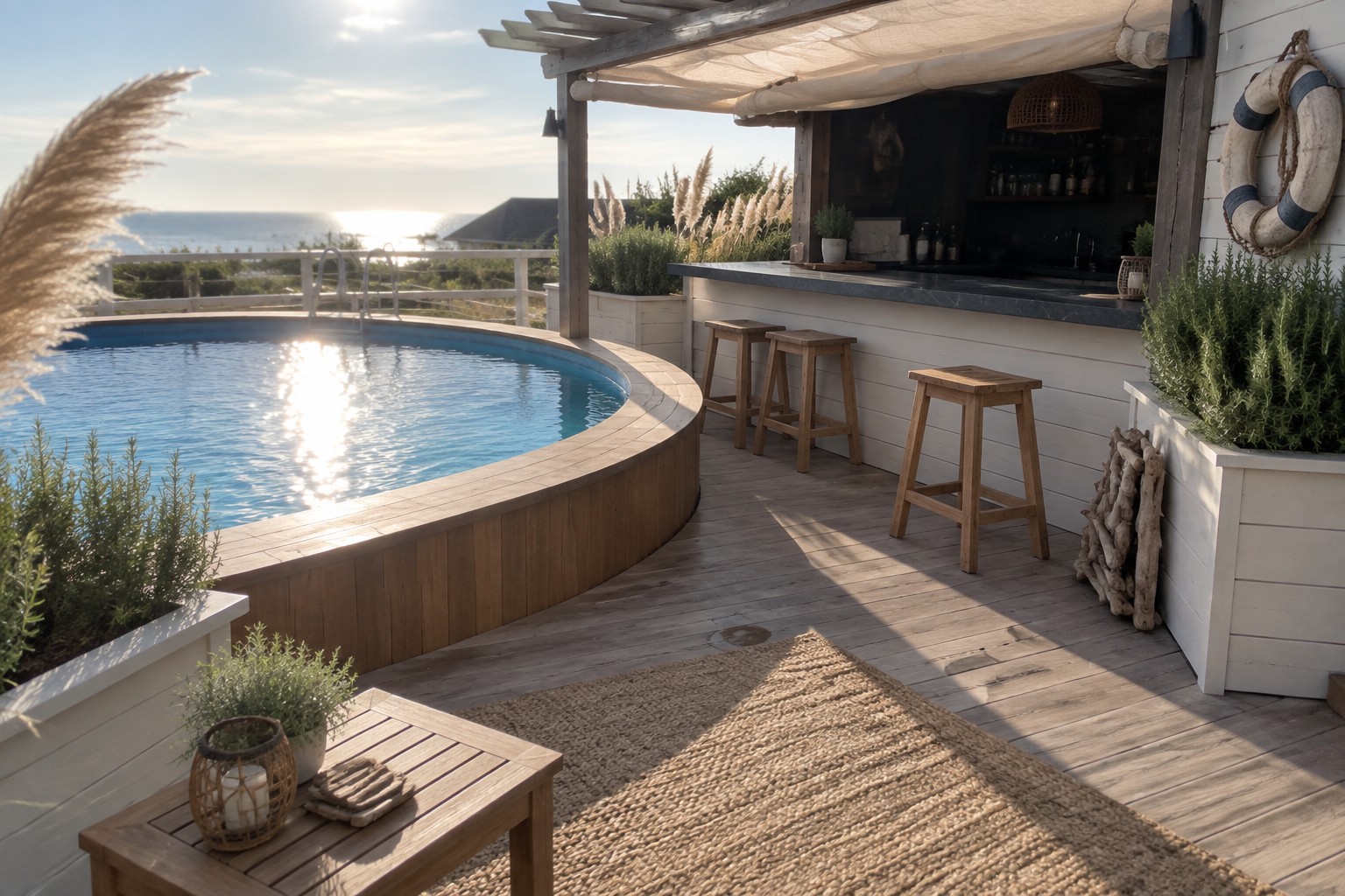 A wooden deck with an above-ground pool and a covered outdoor bar counter with stools beside it, overlooking the water.