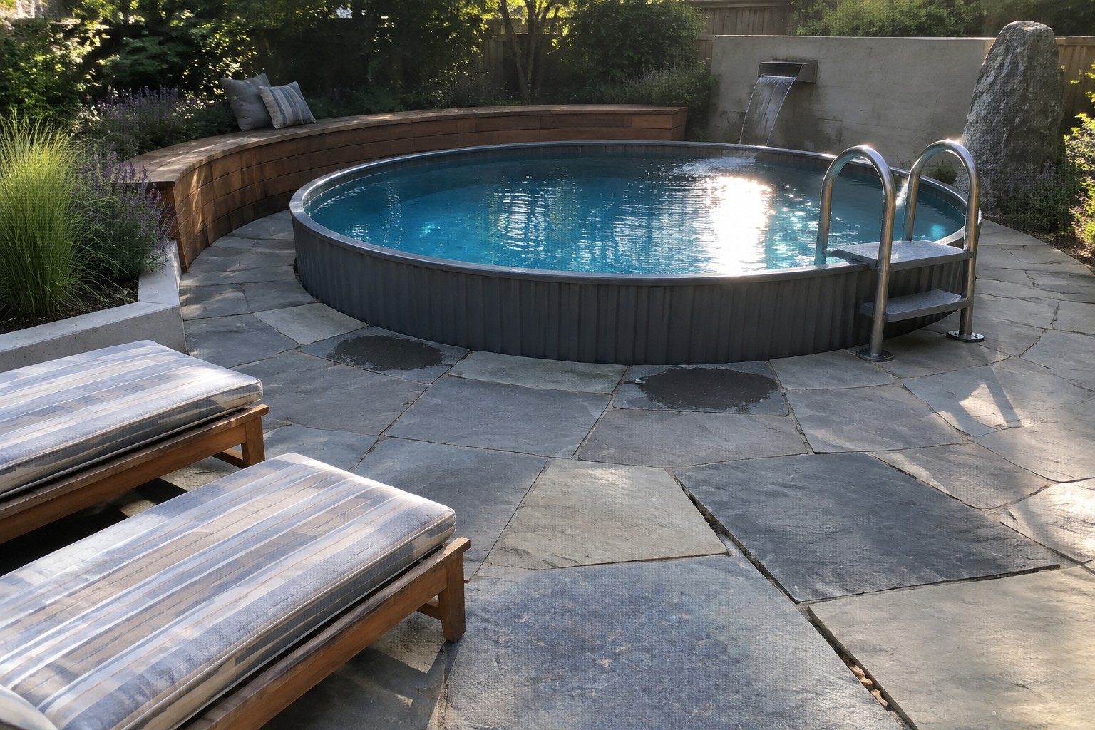 Circular pool with waterfall, striped lounge chairs and metal ladder on stone patio