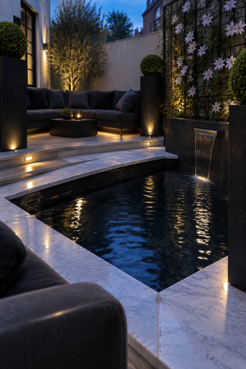 A square plunge pool with a vertical waterfall feature on the right wall, dark outdoor sectional on a raised platform, and illuminated marble steps in a small courtyard at dusk.