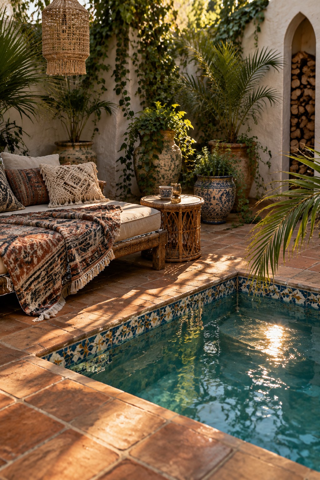 A square plunge pool with a blue and yellow patterned tile border sits flush in a terracotta tiled courtyard next to a lounge daybed and potted plants.