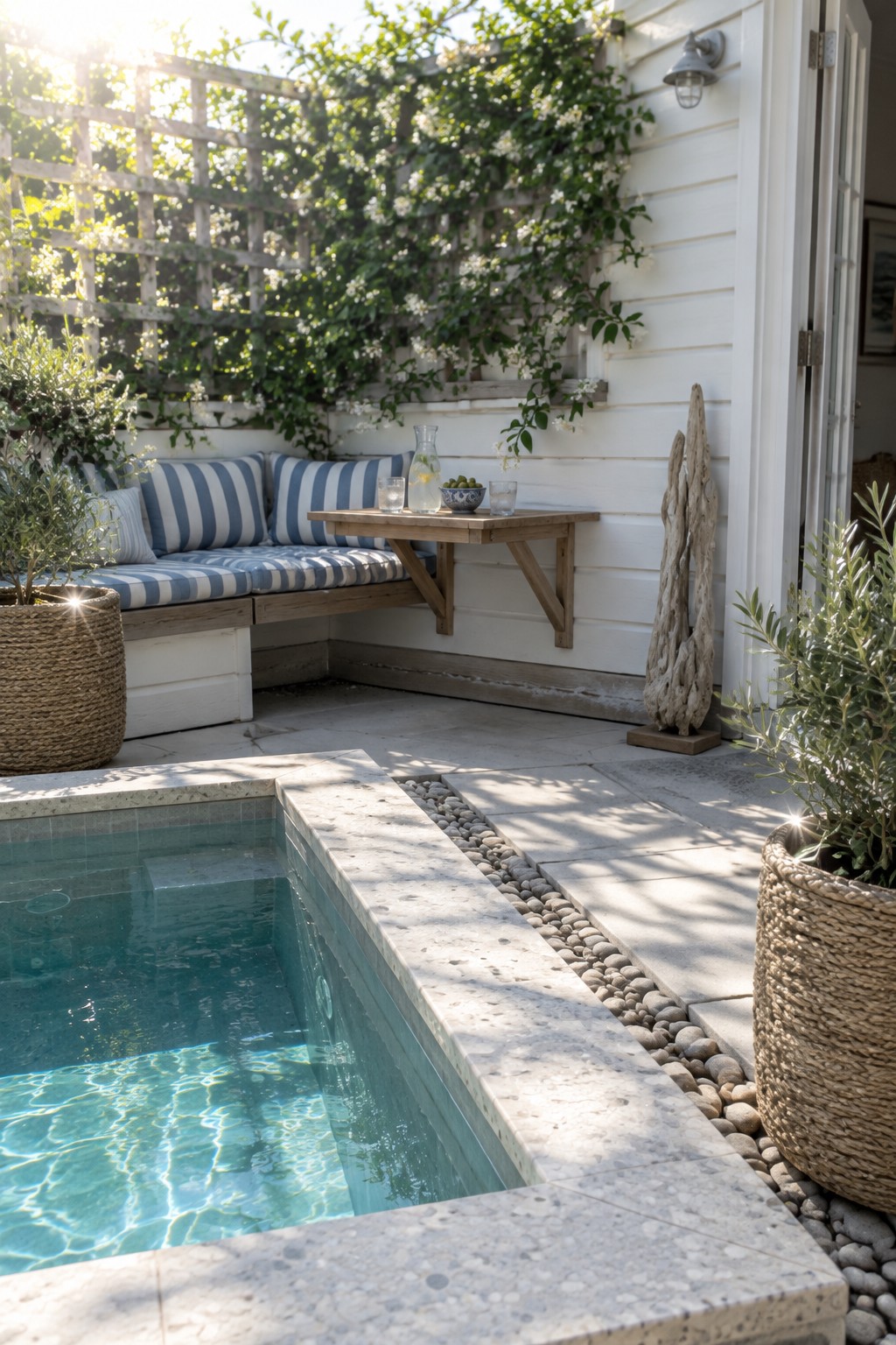 A square plunge pool with stone coping sits beside a built-in wooden bench with blue striped cushions against a white wall with climbing vines and potted plants.
