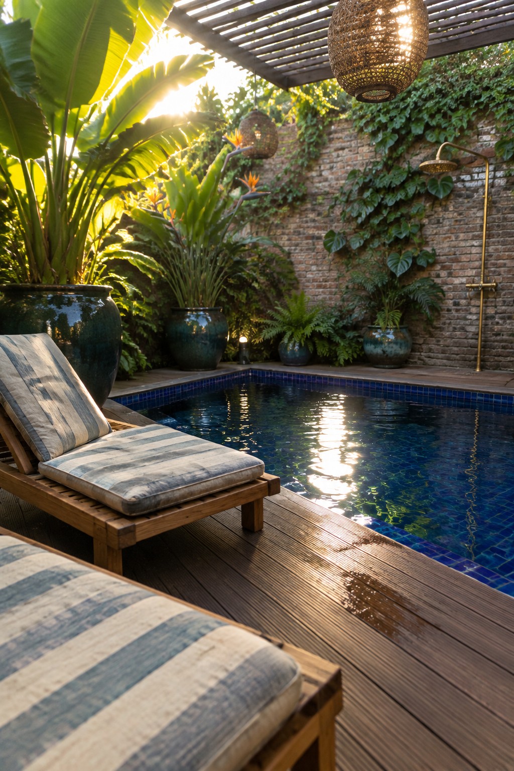 Sunlit pool on wooden deck with striped lounge chairs and potted tropical plants