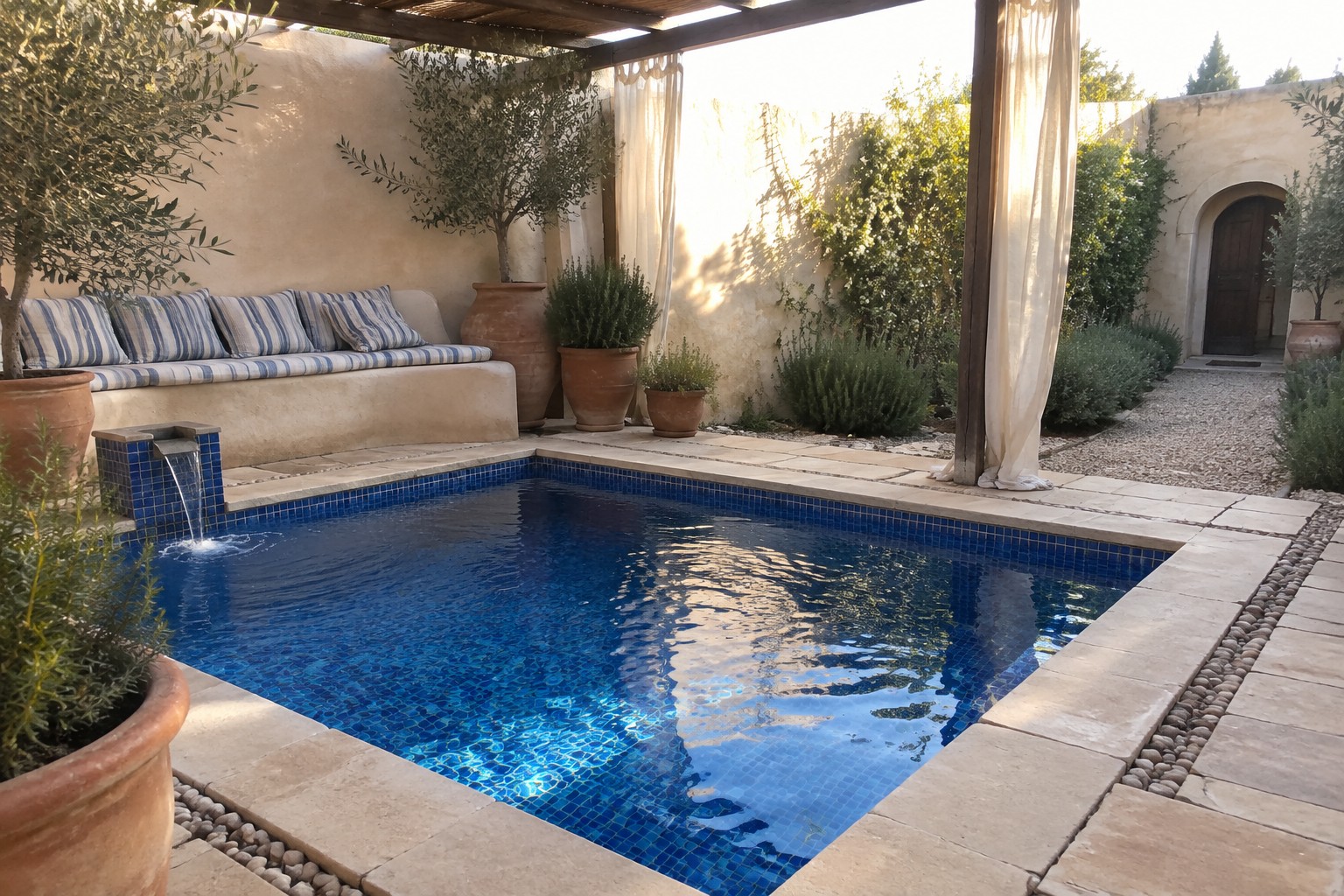17 Clever Square Plunge Pool Ideas for Small Courtyards Tranquil blue-tiled pool in sunny courtyard with striped cushions, pergola, and terracotta pots