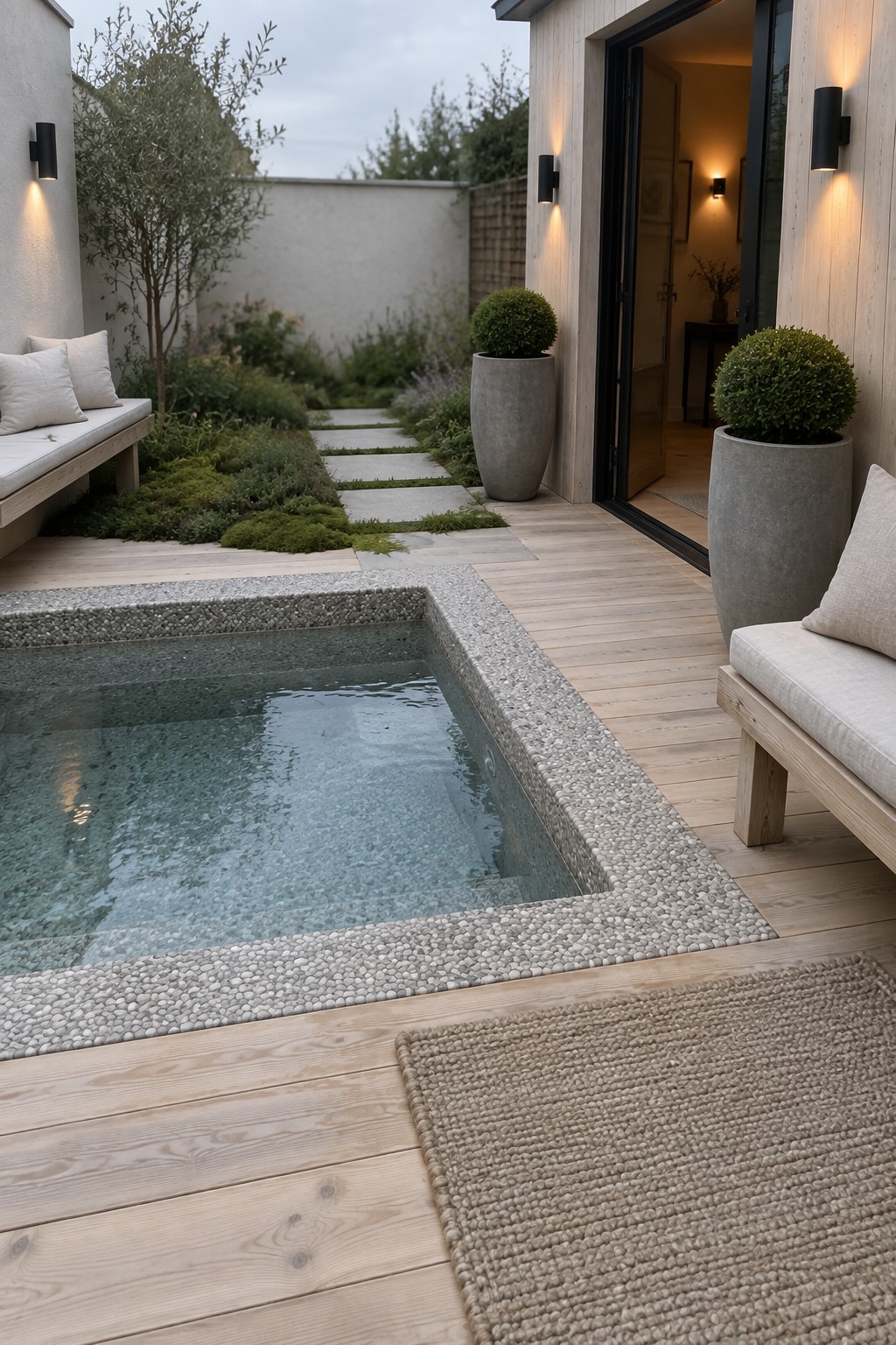 A square plunge pool with pebble border set into light wooden decking beside a house with open doors and two large concrete planters.