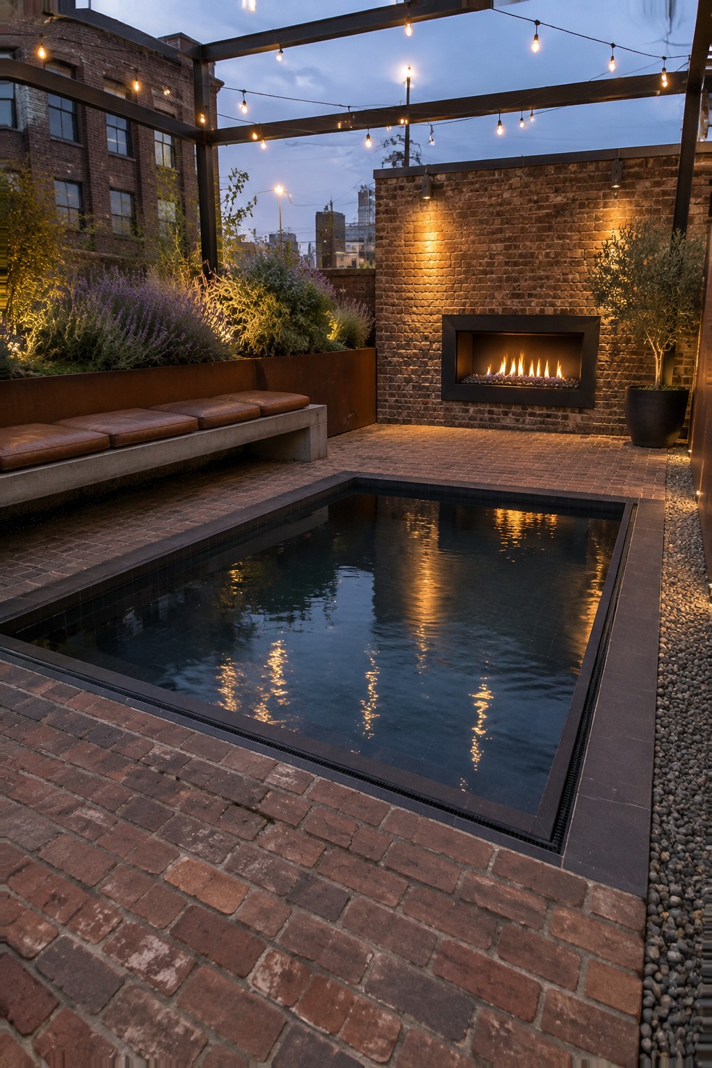 A square dark-tiled plunge pool sits flush in a brick courtyard beside a built-in fireplace on a brick wall, with a concrete bench and cushions along the left edge.