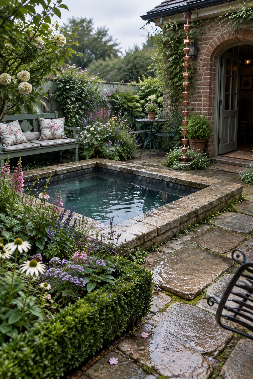 A square plunge pool with stone edging sits in a small courtyard garden next to a brick house, surrounded by flowers, a bench, and stone paving.