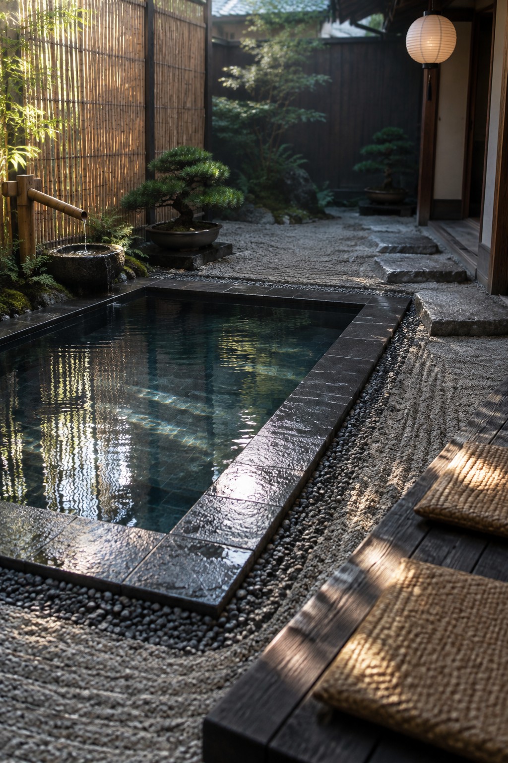 Japanese zen garden with rectangular reflecting pool, bonsai trees, bamboo fence and lantern