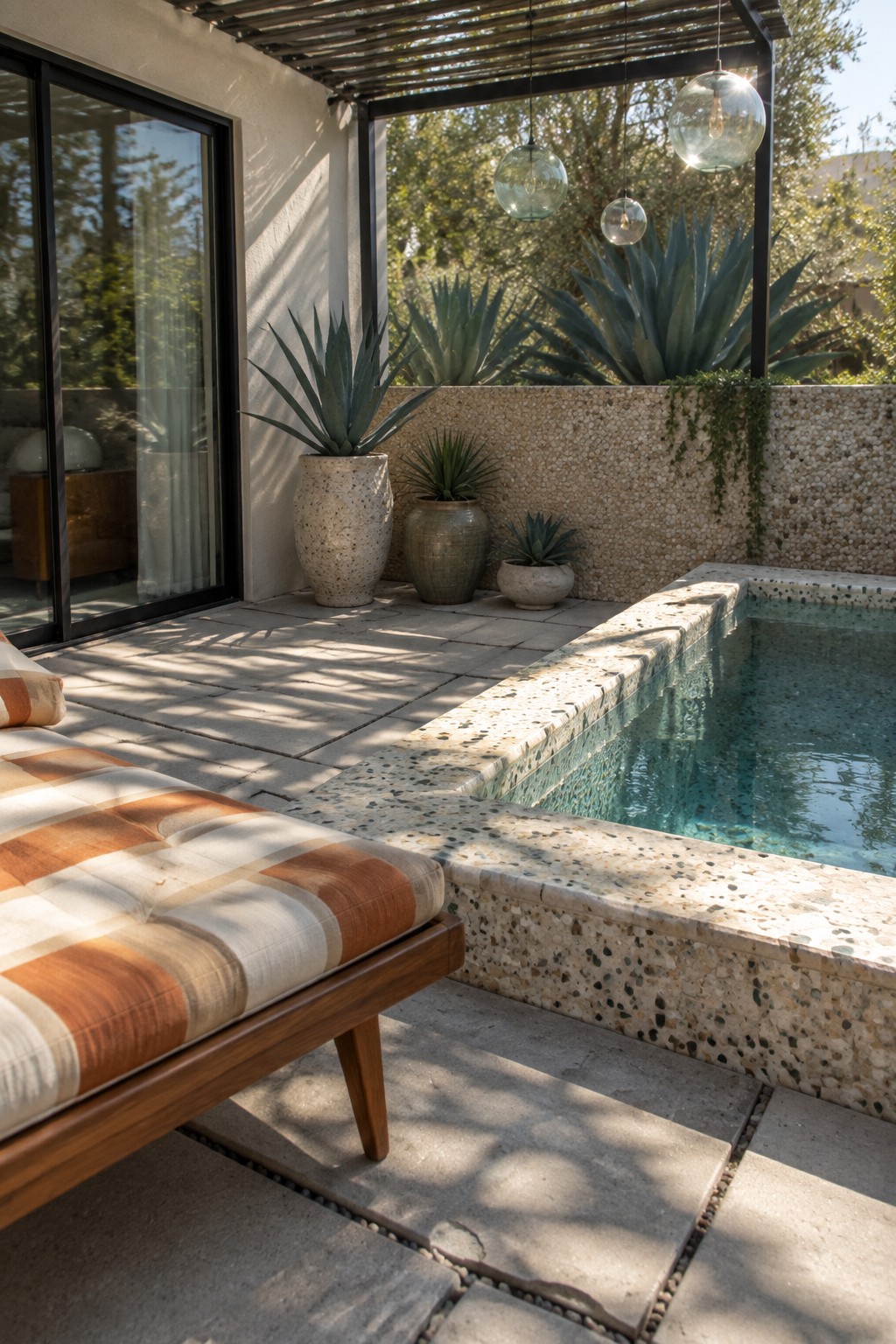 A square plunge pool with speckled pebble coping is set into a stone-paved courtyard beside a striped outdoor lounge chair and several potted agave plants.