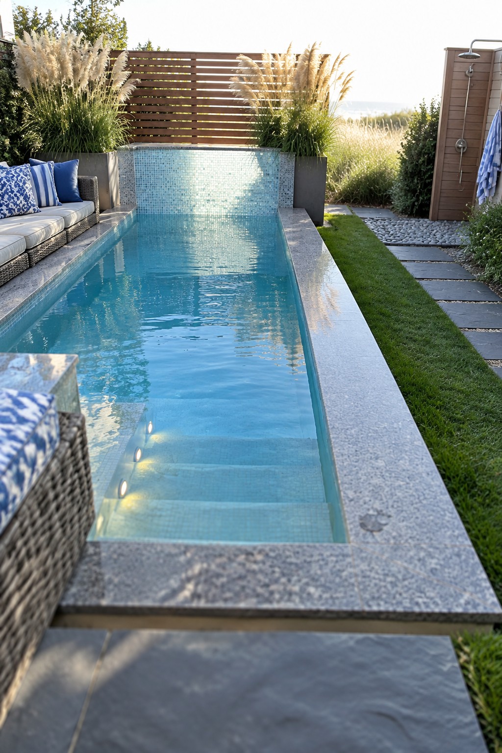 A narrow rectangular plunge pool with illuminated steps, surrounded by stone coping, outdoor seating with blue and white cushions, and a grassy path leading to an outdoor shower.