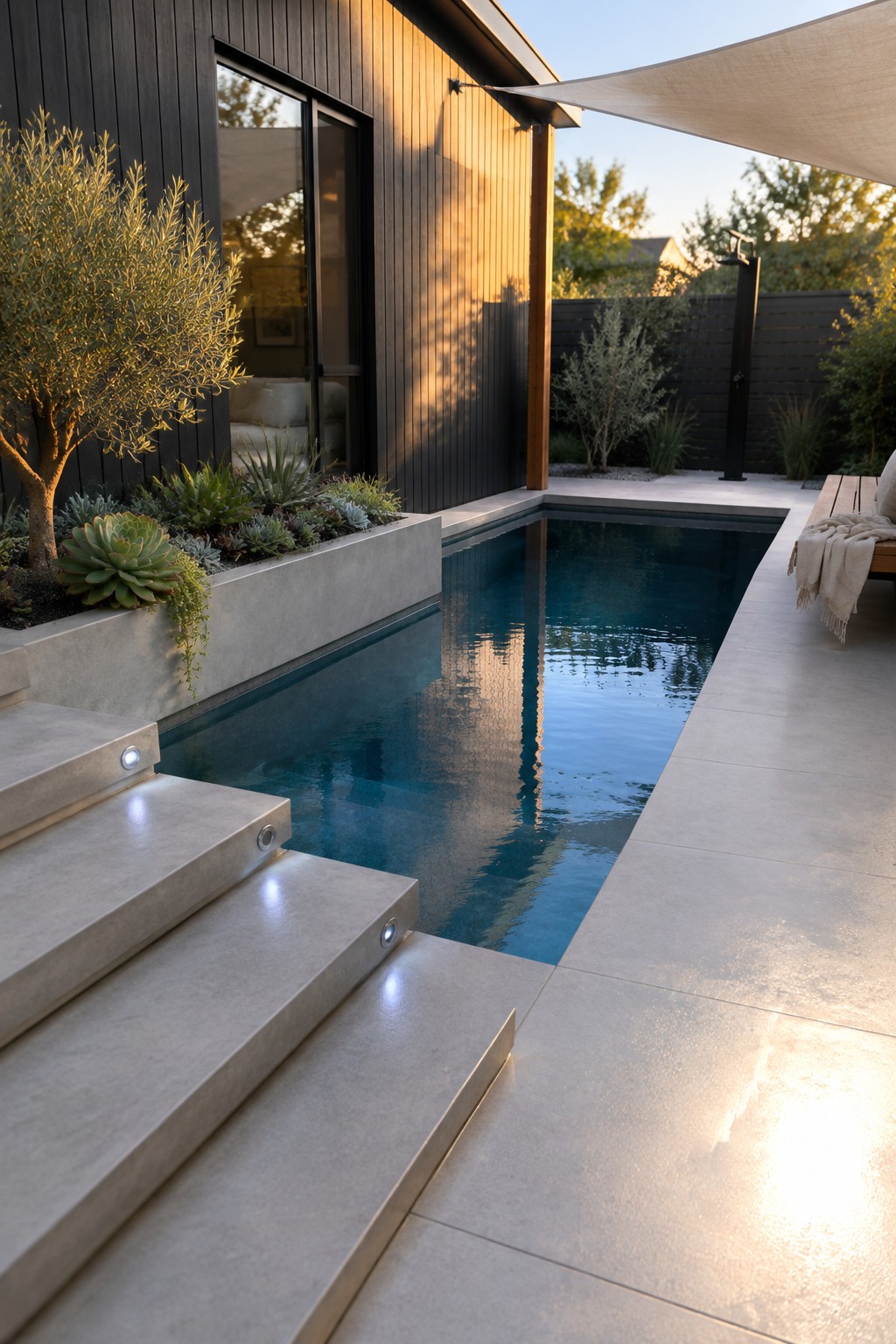 A narrow plunge pool beside a dark wood house, with concrete steps that have small round lights built into the risers.