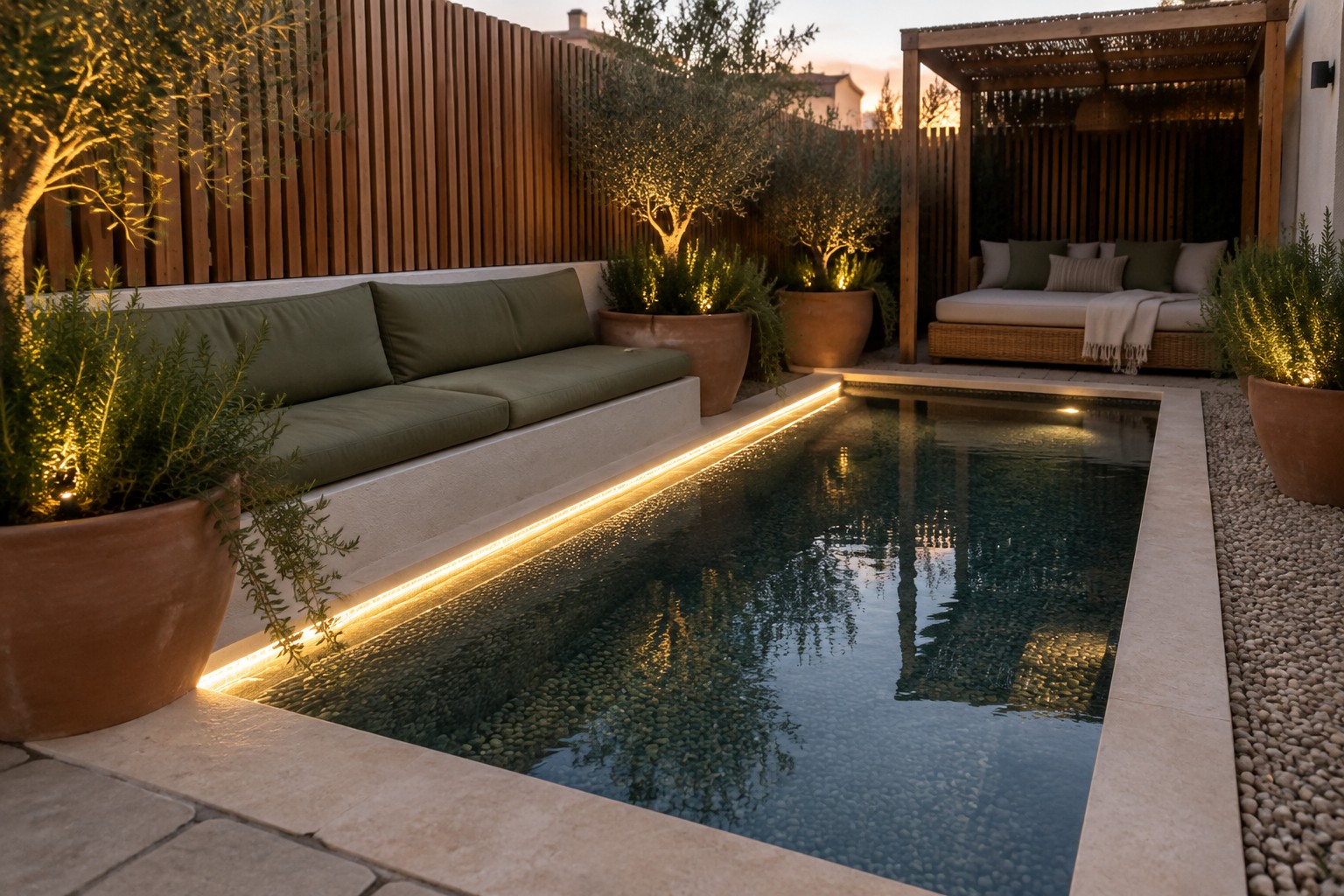 A narrow rectangular plunge pool with a continuous linear LED light strip set into the light stone coping, surrounded by potted olive trees and outdoor seating at dusk.