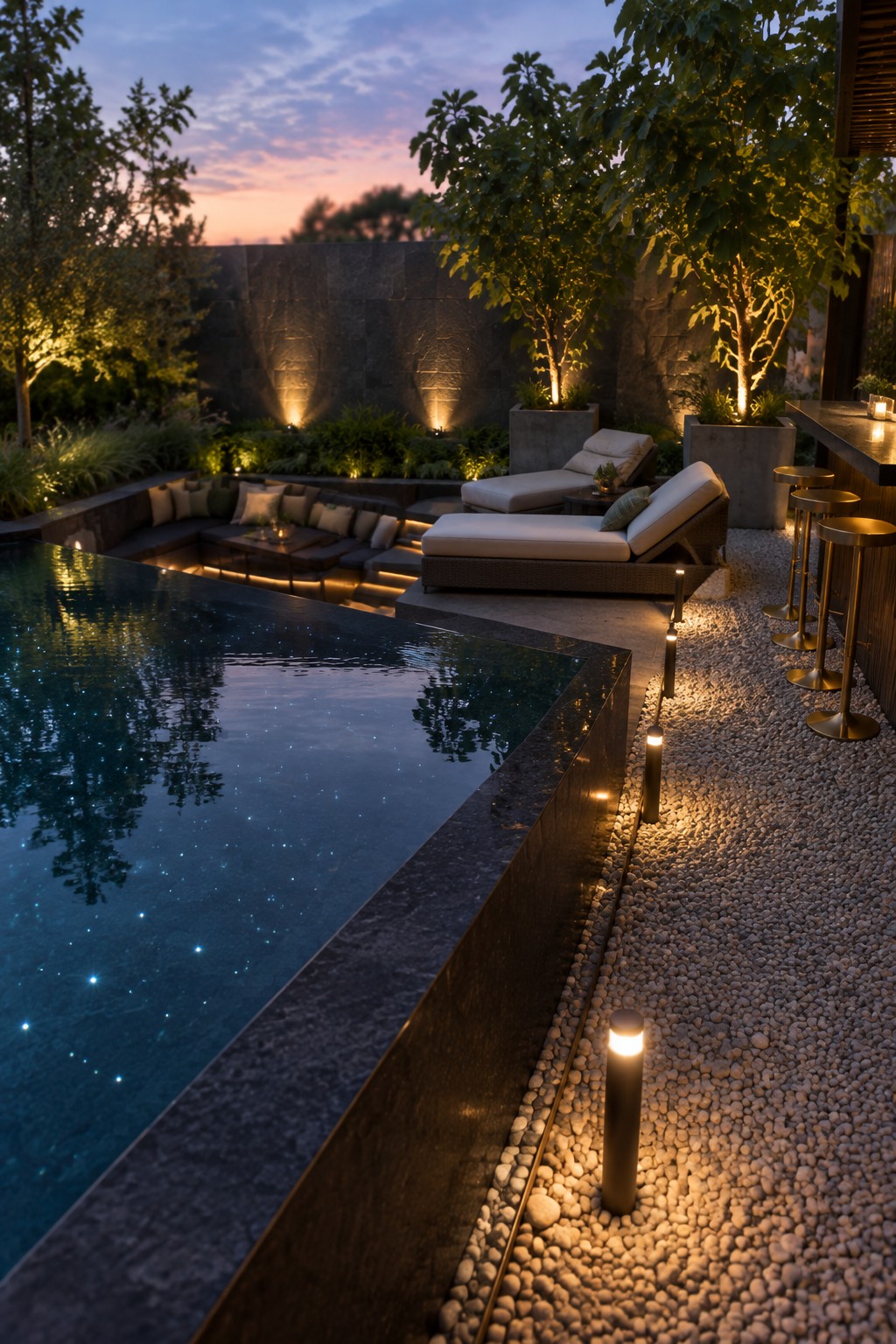 A modern plunge pool at dusk with low cylindrical lights set into the gravel along the dark stone edge, lounge chairs nearby, and trees in the background.