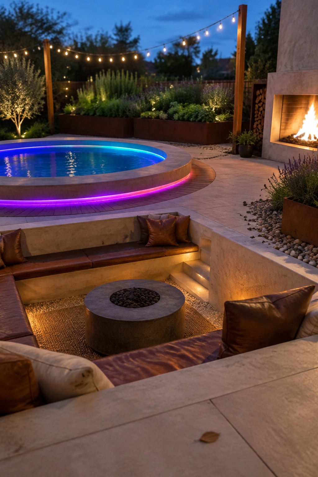 A circular plunge pool with blue and purple LED lighting along the base, set in a concrete patio with a sunken seating area around a round fire pit and an outdoor fireplace visible to the right.