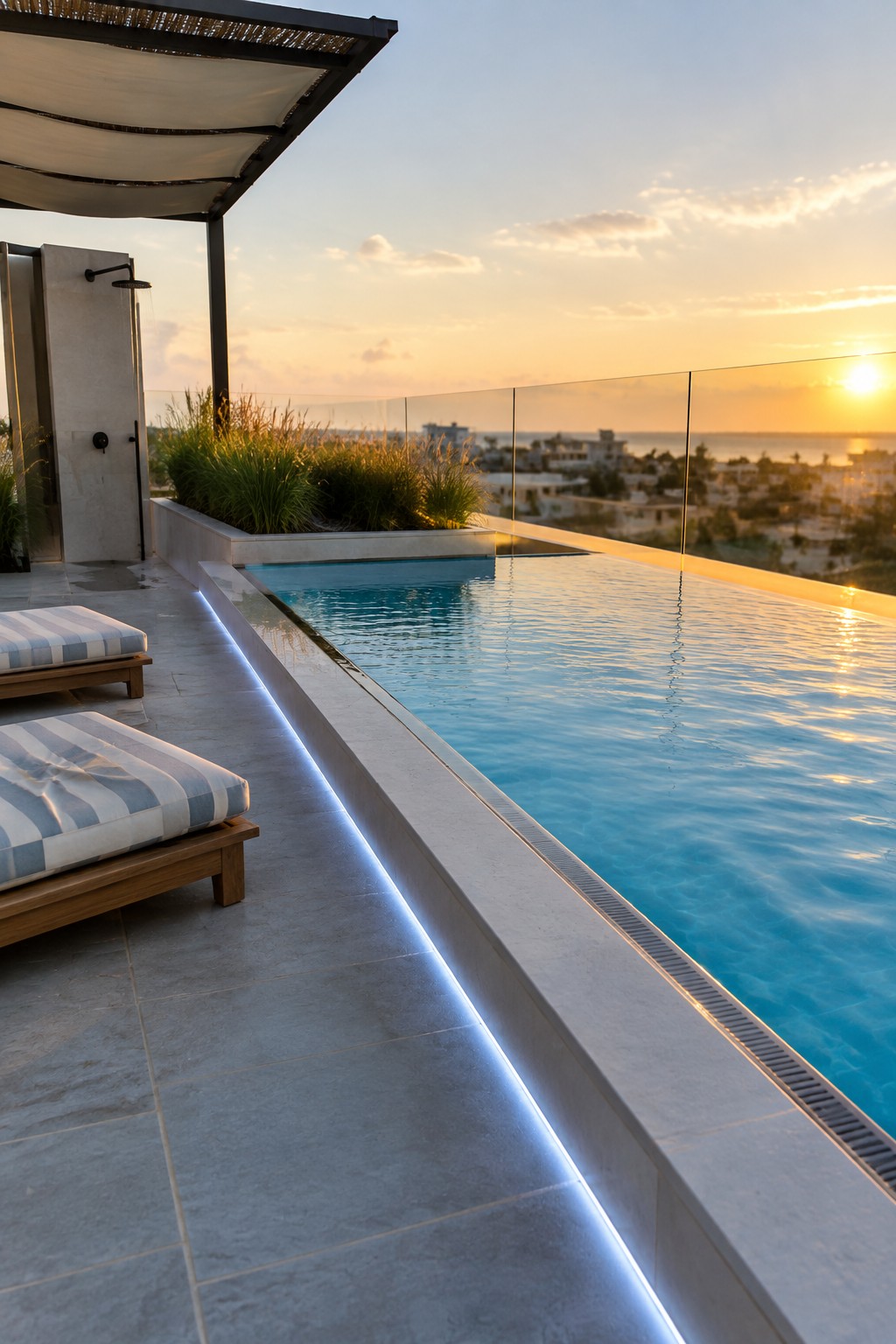 Modern rooftop infinity pool at sunset with striped lounge chairs and ocean view