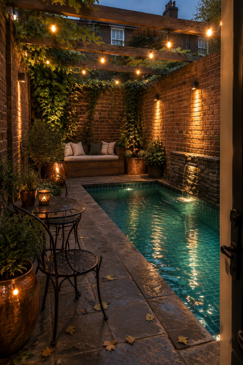 Night-lit pool in brick courtyard with string lights, vines, and potted plants.