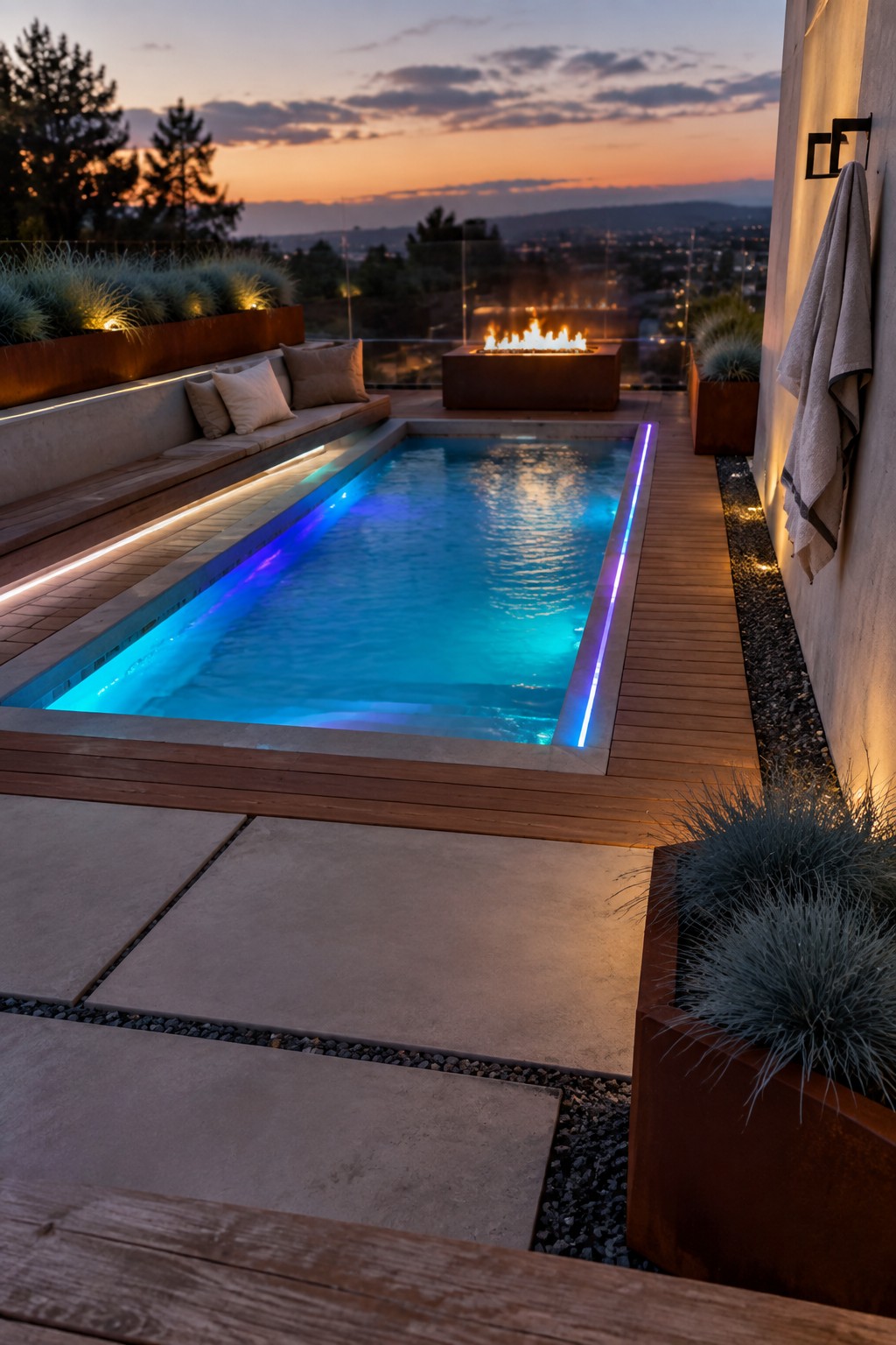 A rectangular plunge pool with glowing blue LED lights along its edges on a wooden deck, next to a fire pit at dusk.