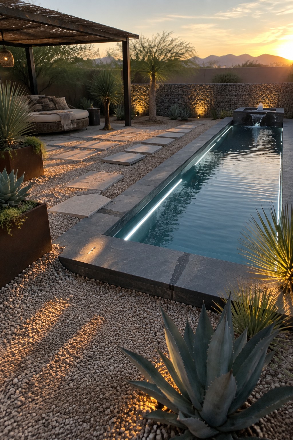 A narrow rectangular plunge pool with glowing linear lights along both long edges, set in a gravel courtyard with desert plants and a stone wall at sunset.