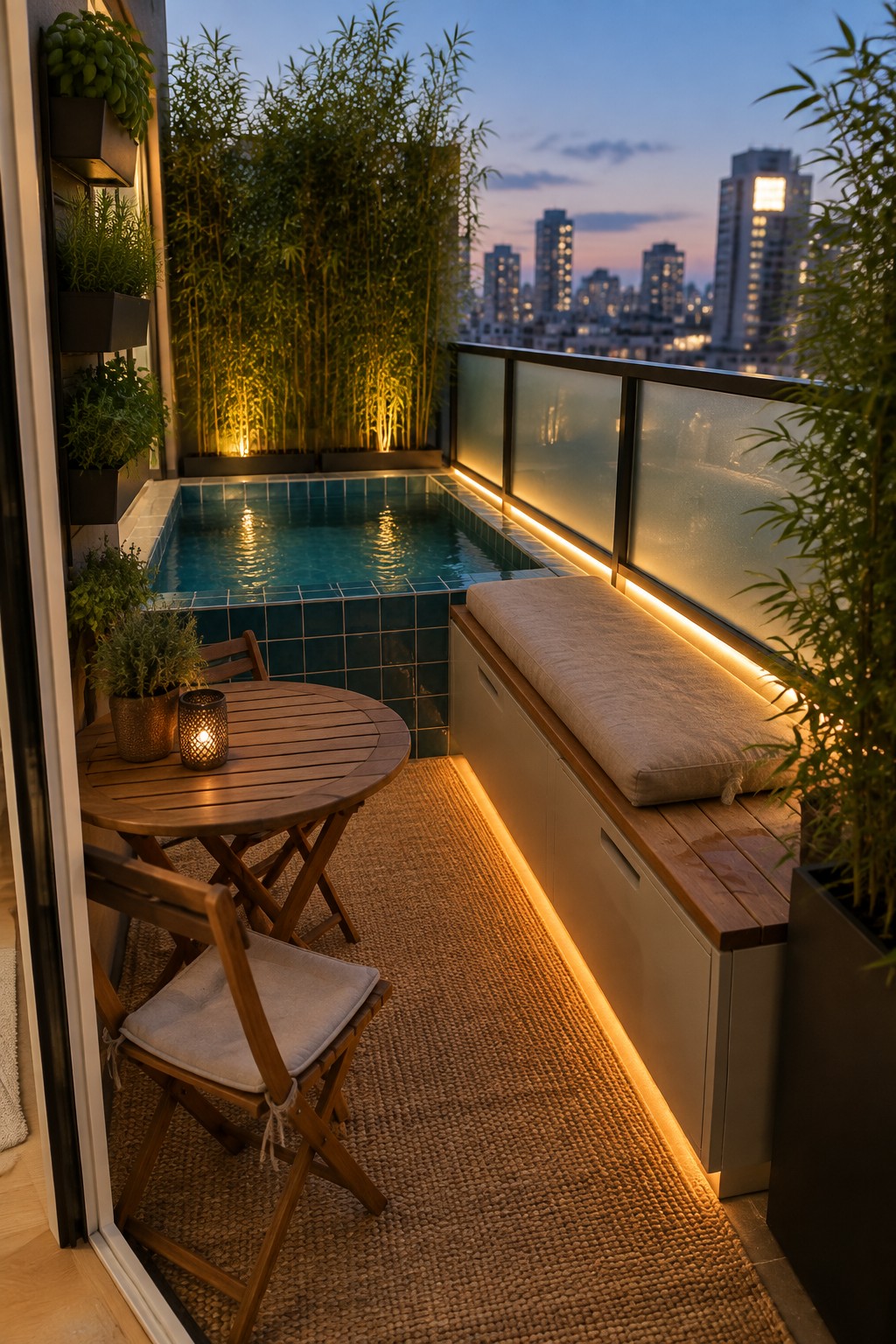 A small plunge pool on an urban balcony at dusk with glowing linear lighting along the pool edge and under a built-in bench, a round wooden table with two chairs on a woven rug, and potted plants.