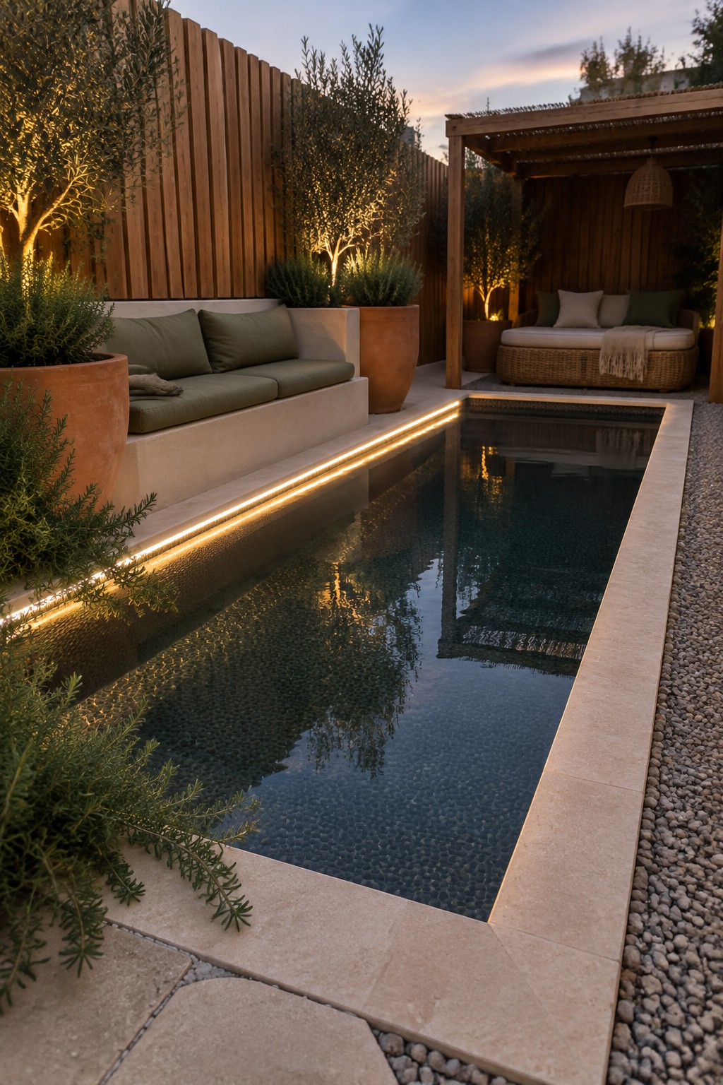 A narrow rectangular plunge pool with a continuous linear LED light strip set into the light stone coping, surrounded by potted olive trees and outdoor seating at dusk.