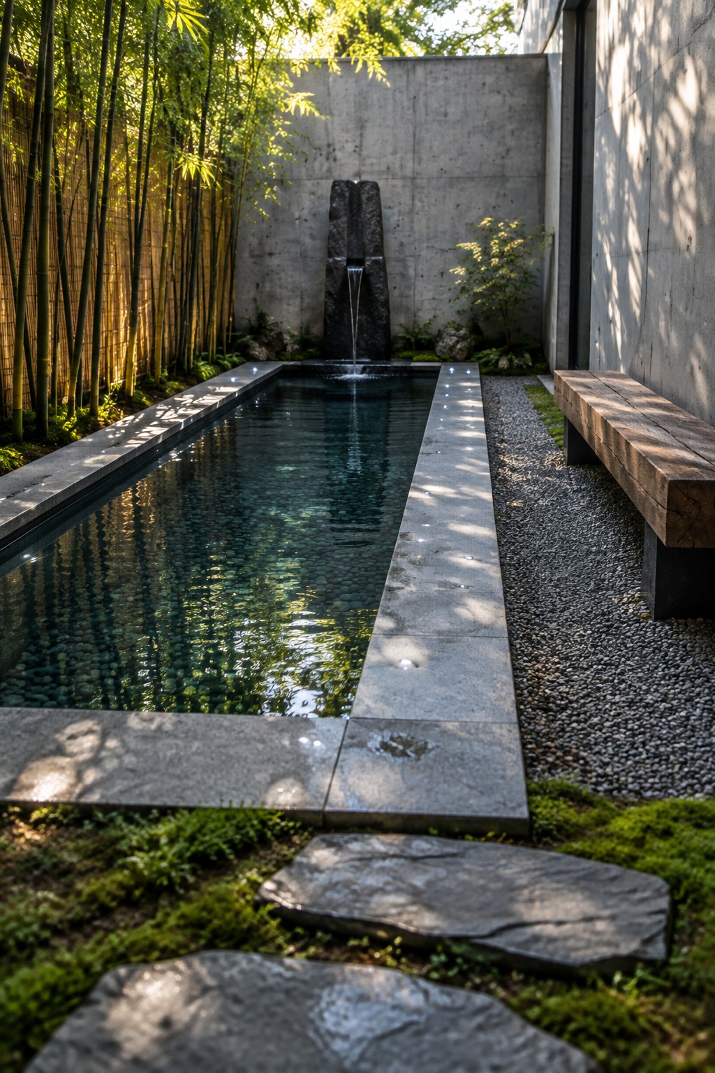 A narrow rectangular plunge pool with integrated linear lights along the stone coping, a dark stone water feature at the far end, bamboo screening on the left, and a wooden bench on gravel to the right.