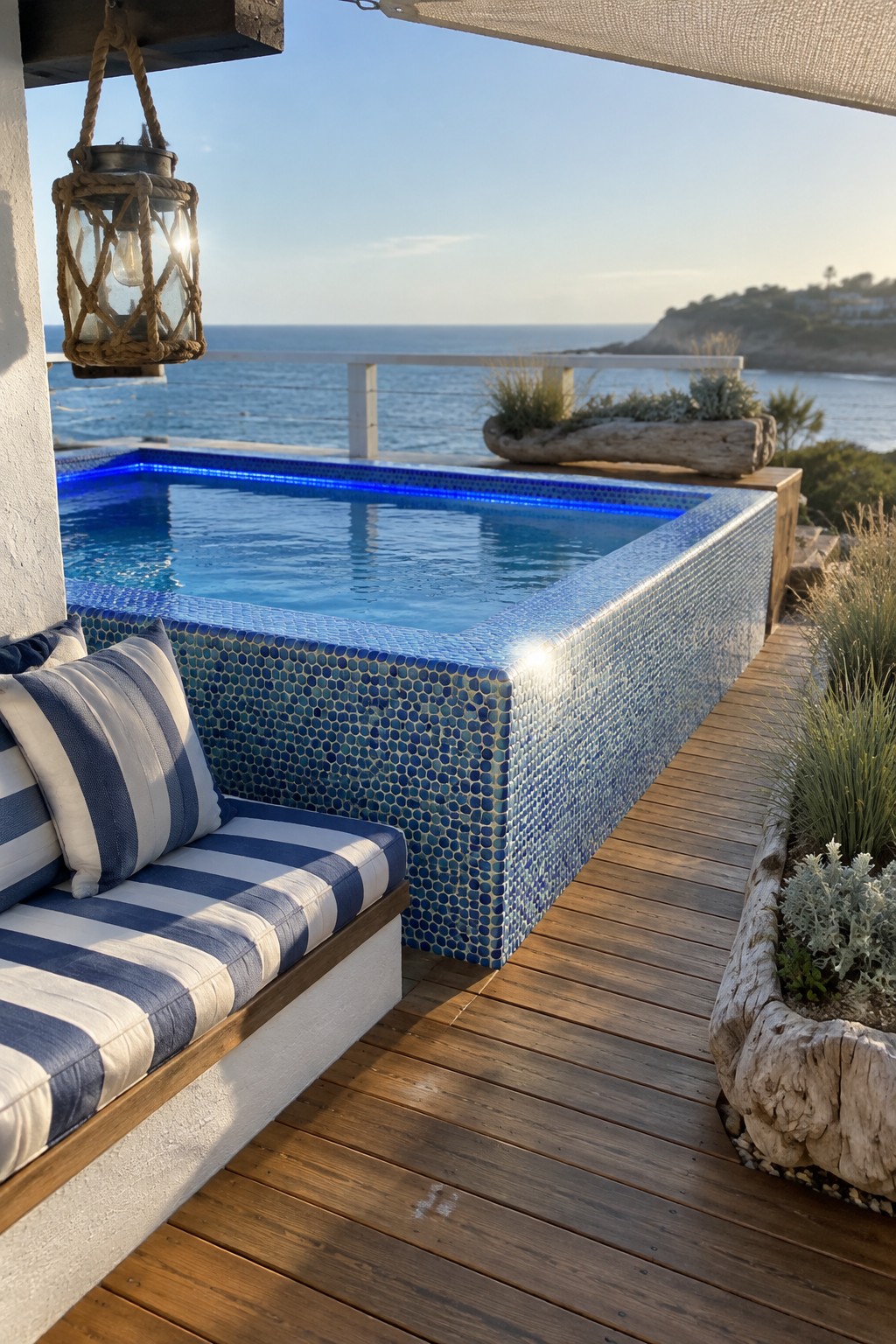 A rectangular plunge pool edged with blue mosaic tiles features a glowing blue LED strip along the rim, set on a wooden deck with striped cushions on a bench and ocean views in the background.