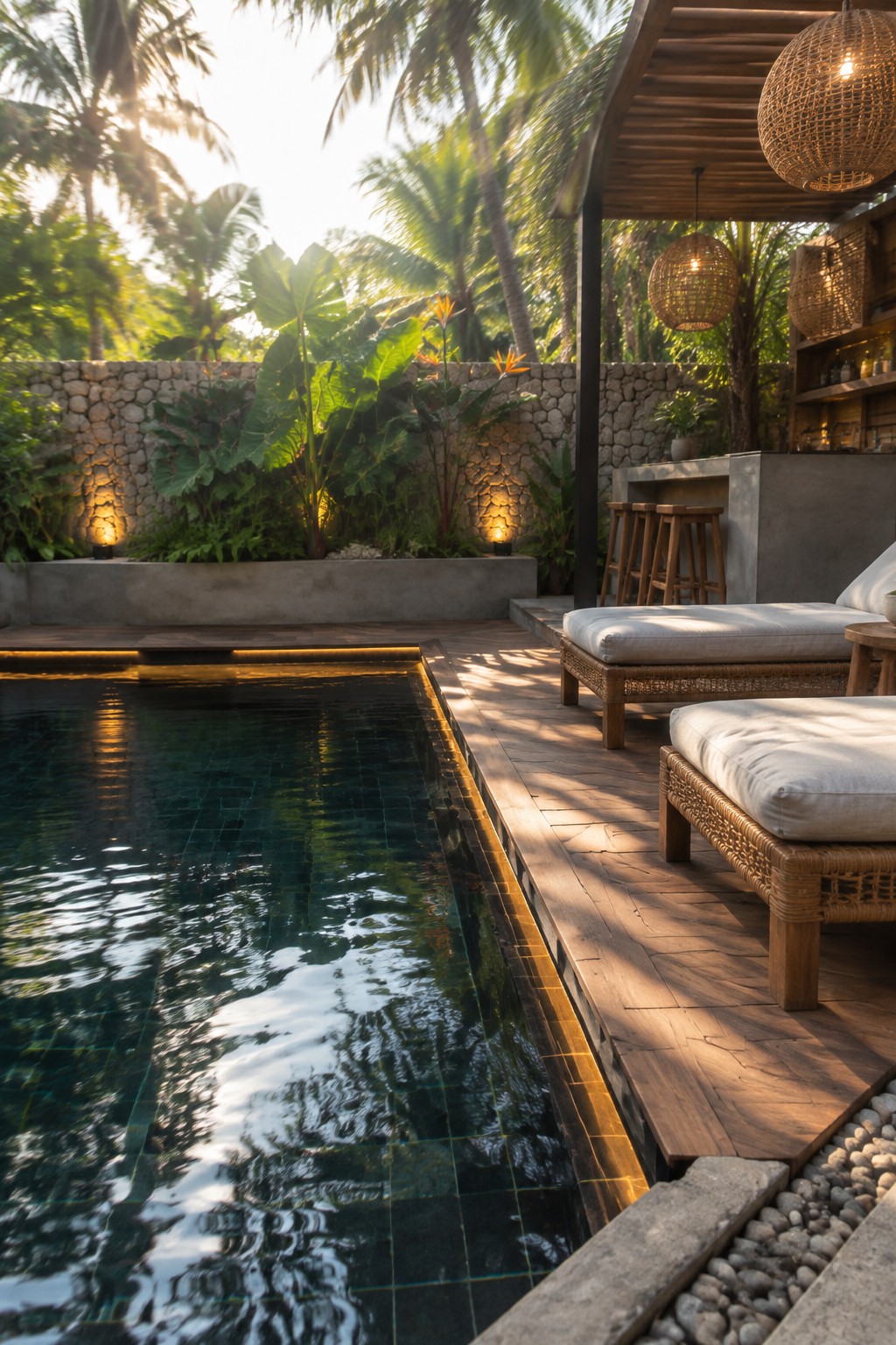 A rectangular plunge pool with glowing edge lighting beside a wooden deck with woven lounge chairs, tropical plants, and a lit stone wall in the background.
