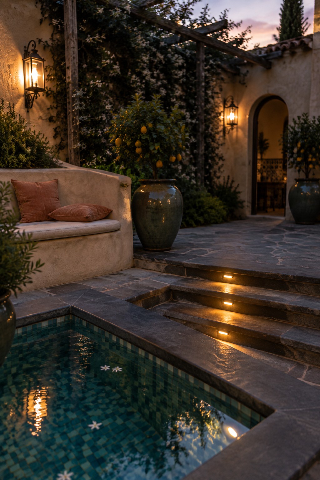 A small plunge pool with blue-green mosaic tiles is bordered by dark stone steps fitted with warm recessed lights, next to a cushioned bench and large potted citrus trees at dusk.