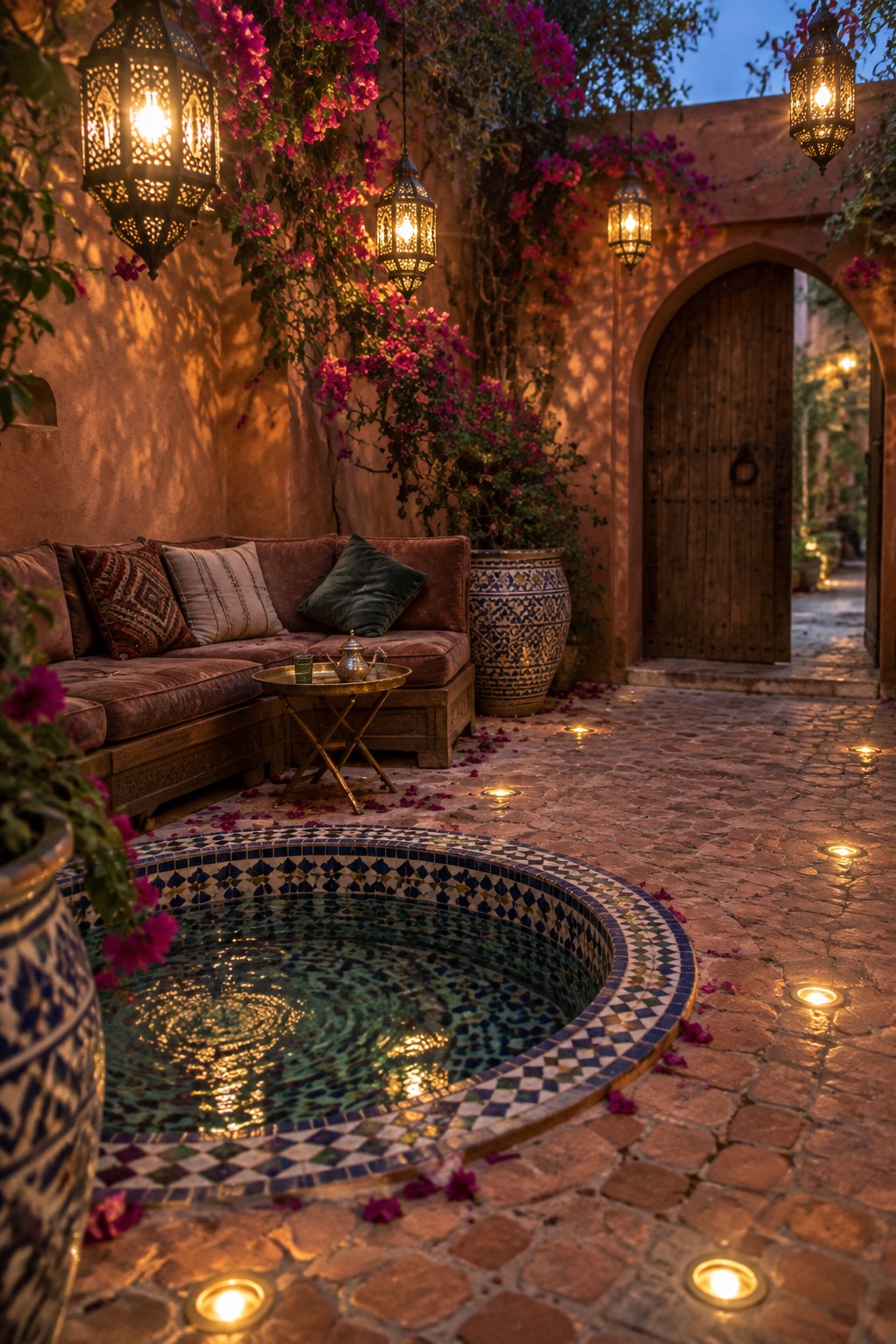Moroccan courtyard with mosaic fountain, glowing lanterns, cushions, and pink bougainvillea.