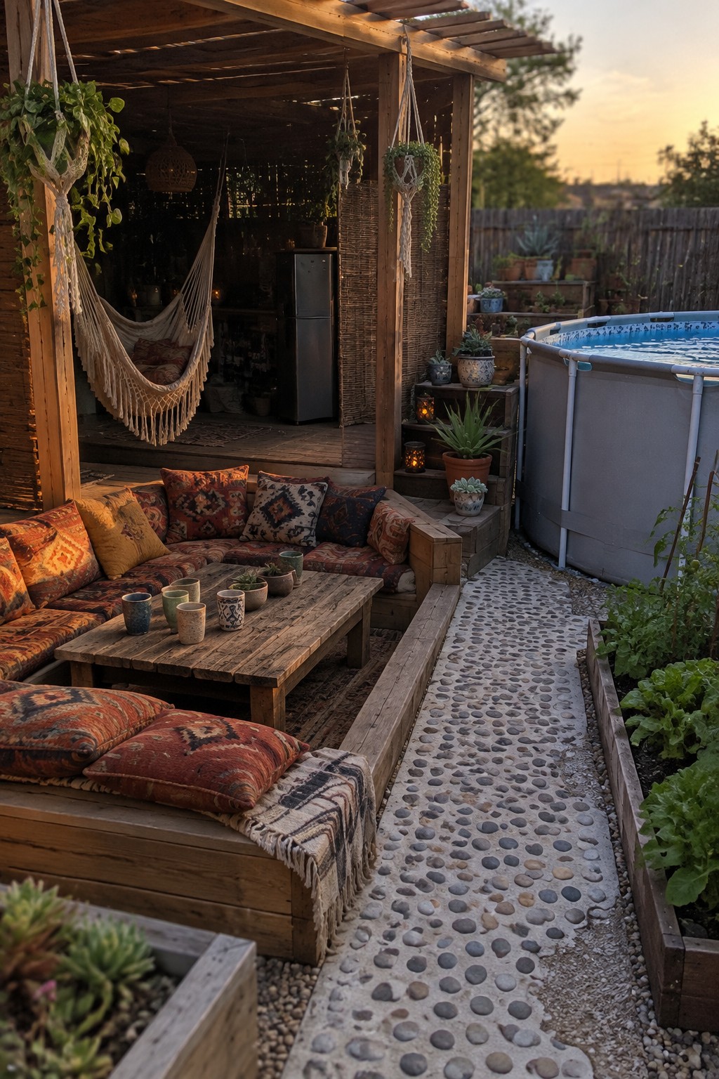 14 Functional Above Ground Pool Cabana Ideas for Shaded Lounging A wooden pergola cabana with cushioned seating, a hammock, and hanging plants beside an above-ground pool, connected by a pebble path.