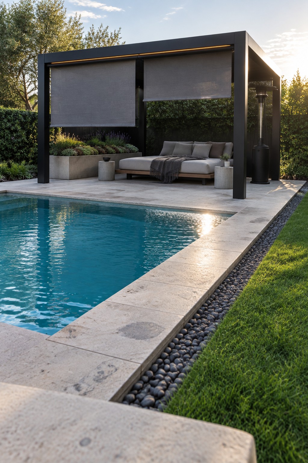14 Functional Above Ground Pool Cabana Ideas for Shaded Lounging Modern black poolside cabana with retractable gray shades, daybed, and concrete side tables next to a rectangular swimming pool.