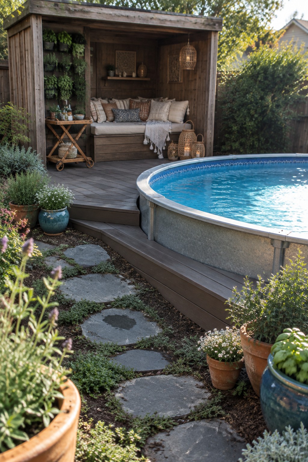 14 Functional Above Ground Pool Cabana Ideas for Shaded Lounging Rustic wooden cabana with cushions beside round blue pool amid potted plants and stone path