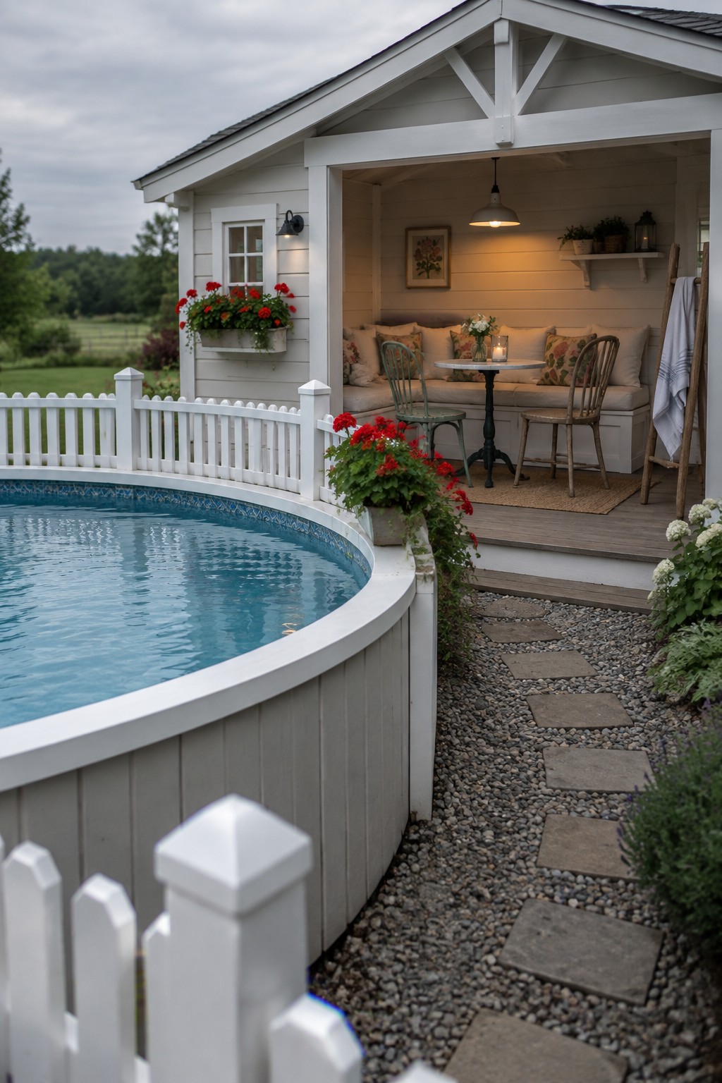14 Functional Above Ground Pool Cabana Ideas for Shaded Lounging White porch with cushions beside round pool, red flowers and stone path.