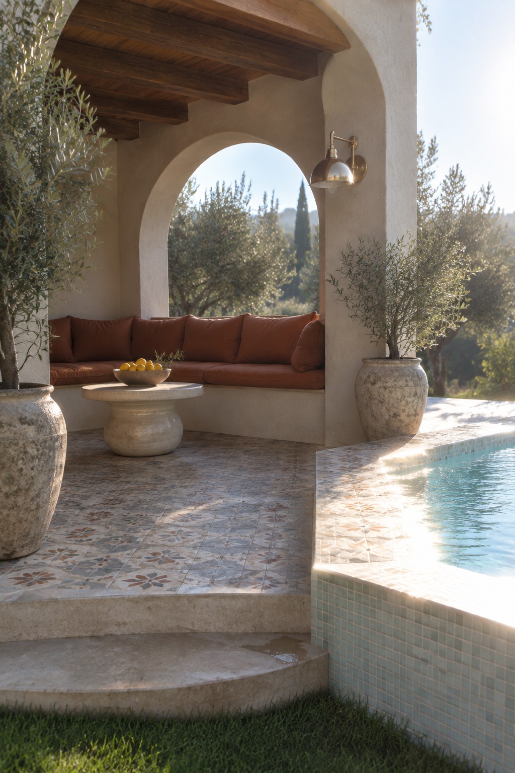 14 Functional Above Ground Pool Cabana Ideas for Shaded Lounging An outdoor poolside alcove with built-in bench seating covered in terracotta cushions, a round stone table, large potted plants, and patterned tile flooring next to a swimming pool.