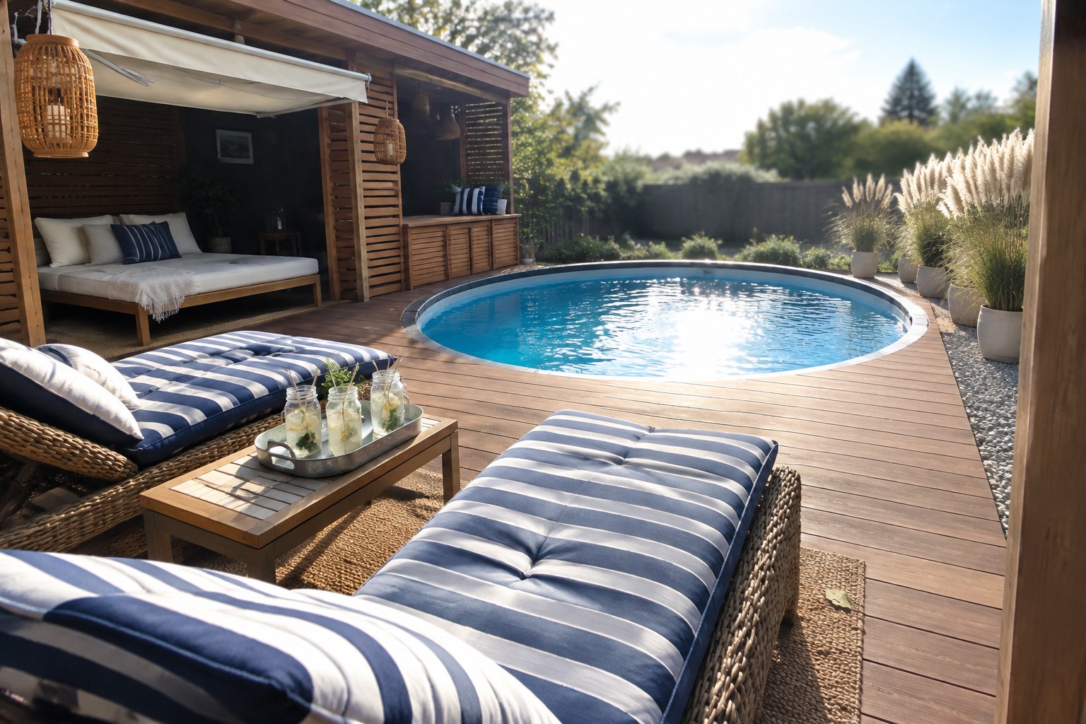 An above ground pool with wooden decking, a cabana containing a daybed, and striped lounge chairs arranged nearby on a rug.