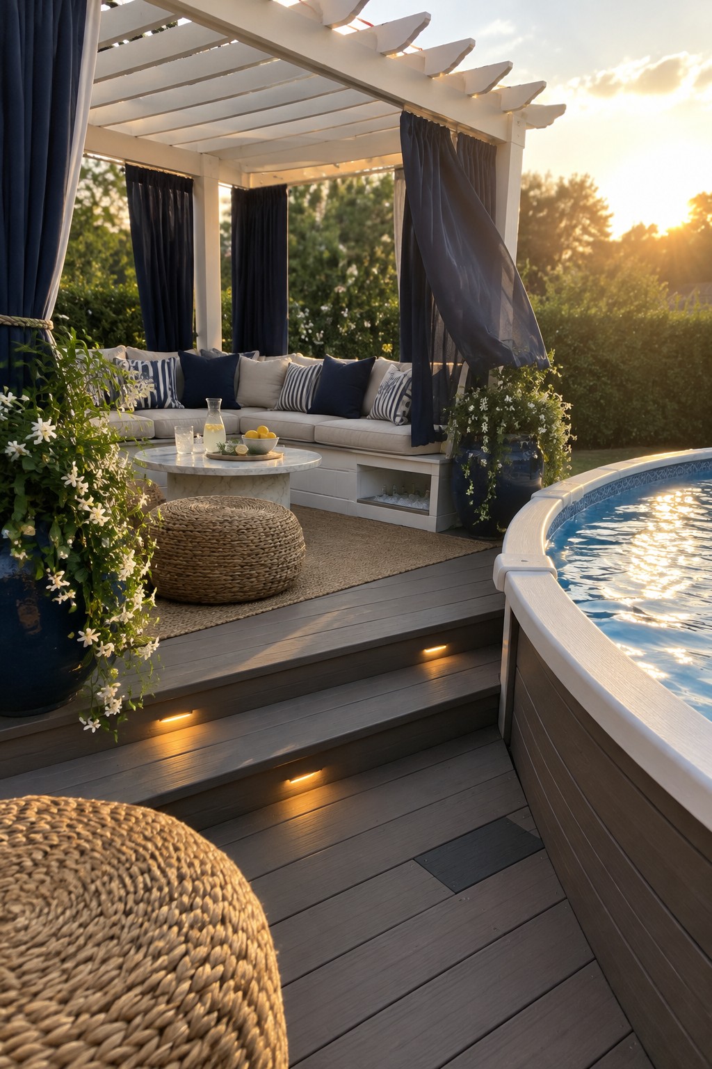 14 Functional Above Ground Pool Cabana Ideas for Shaded Lounging A white pergola with dark curtains shades built-in seating on a wooden deck next to an above-ground pool.