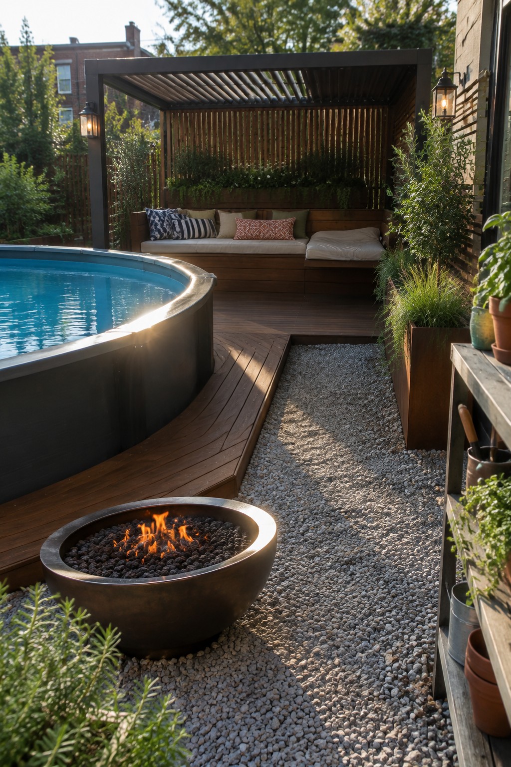 14 Functional Above Ground Pool Cabana Ideas for Shaded Lounging An above-ground pool with dark metal sides sits on a curved wooden deck next to a pergola with a slatted roof, built-in bench seating, a fire pit in gravel, and potted plants.